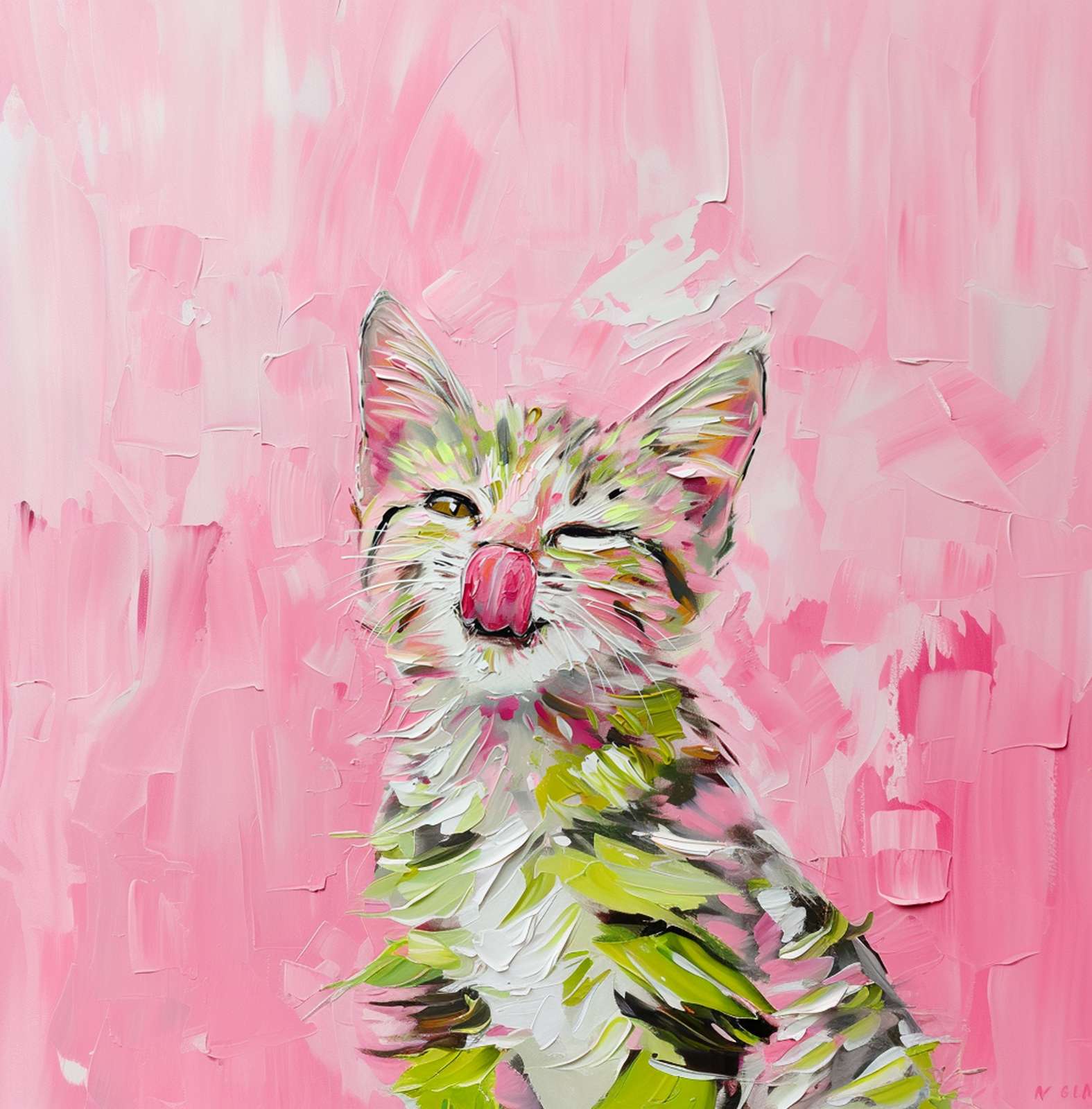Playful Kitten Pink Palette Knife Oil Wall Art