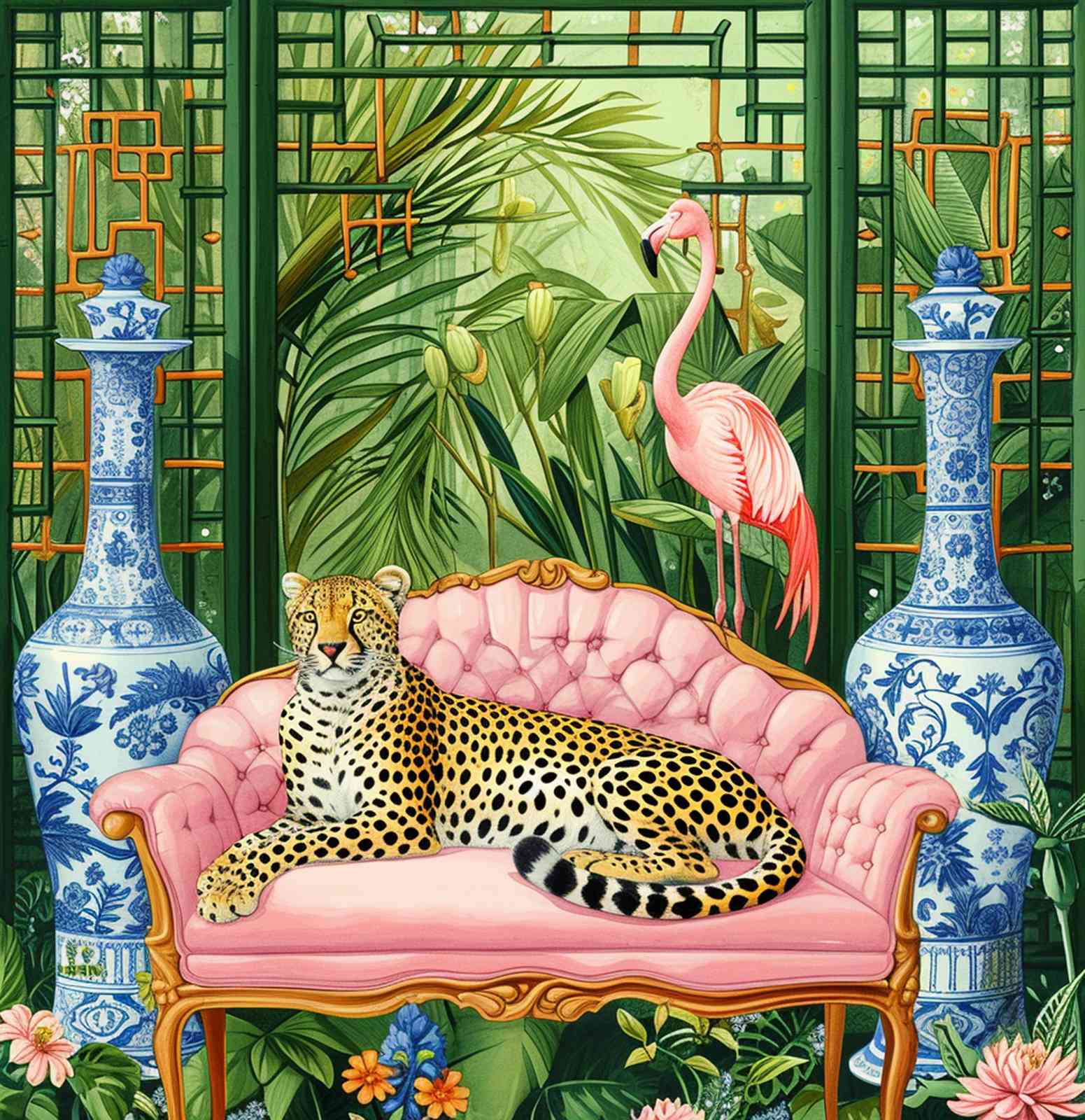 Exotic Leopard & Flamingo Tropical Jungle Wall Art