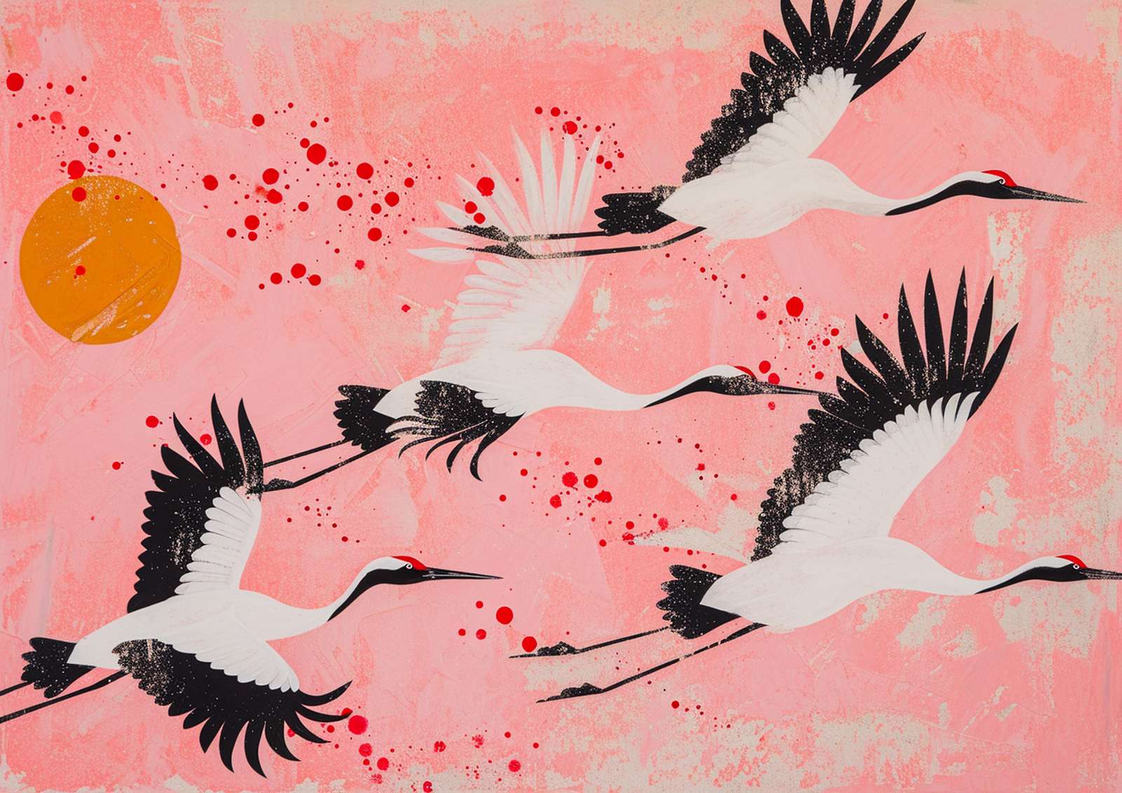 Elegant Cranes Abstract Pink Sunset Wall Art