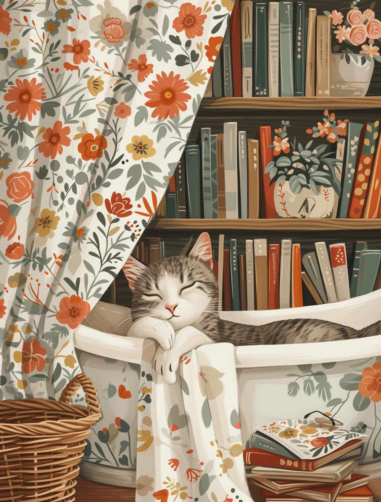 Cozy Cat Reading Nook Floral Wall Art