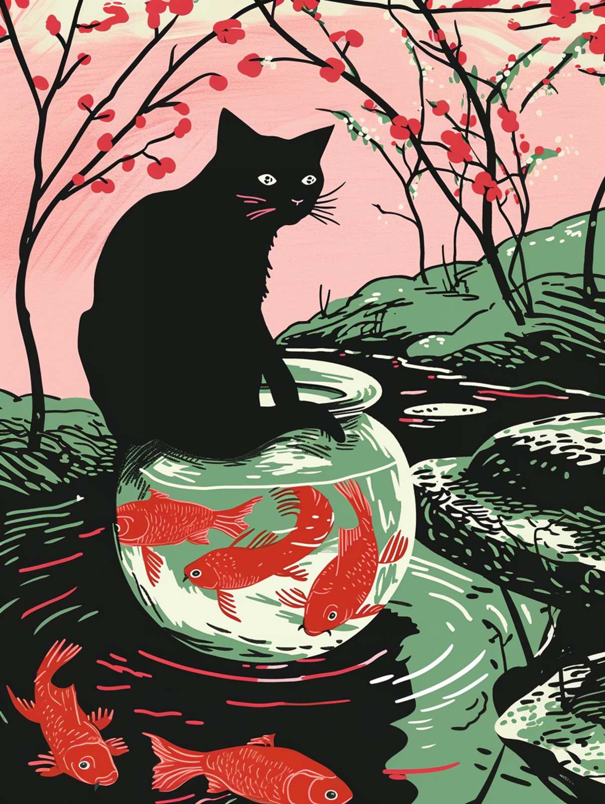 Whimsical Black Cat & Koi Fish Wall Art