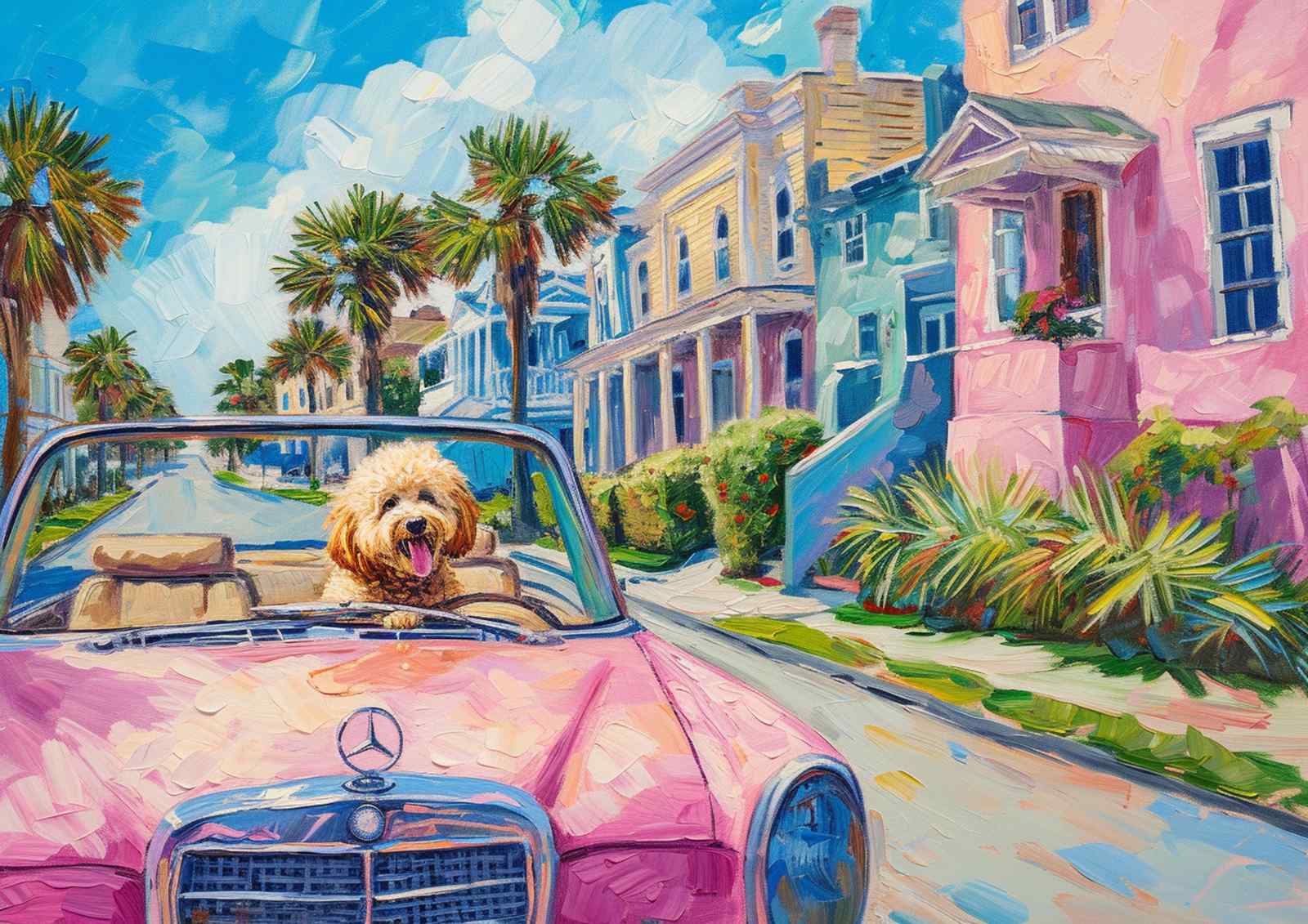 Joyful Dog in Pink Classic Car Wall Art