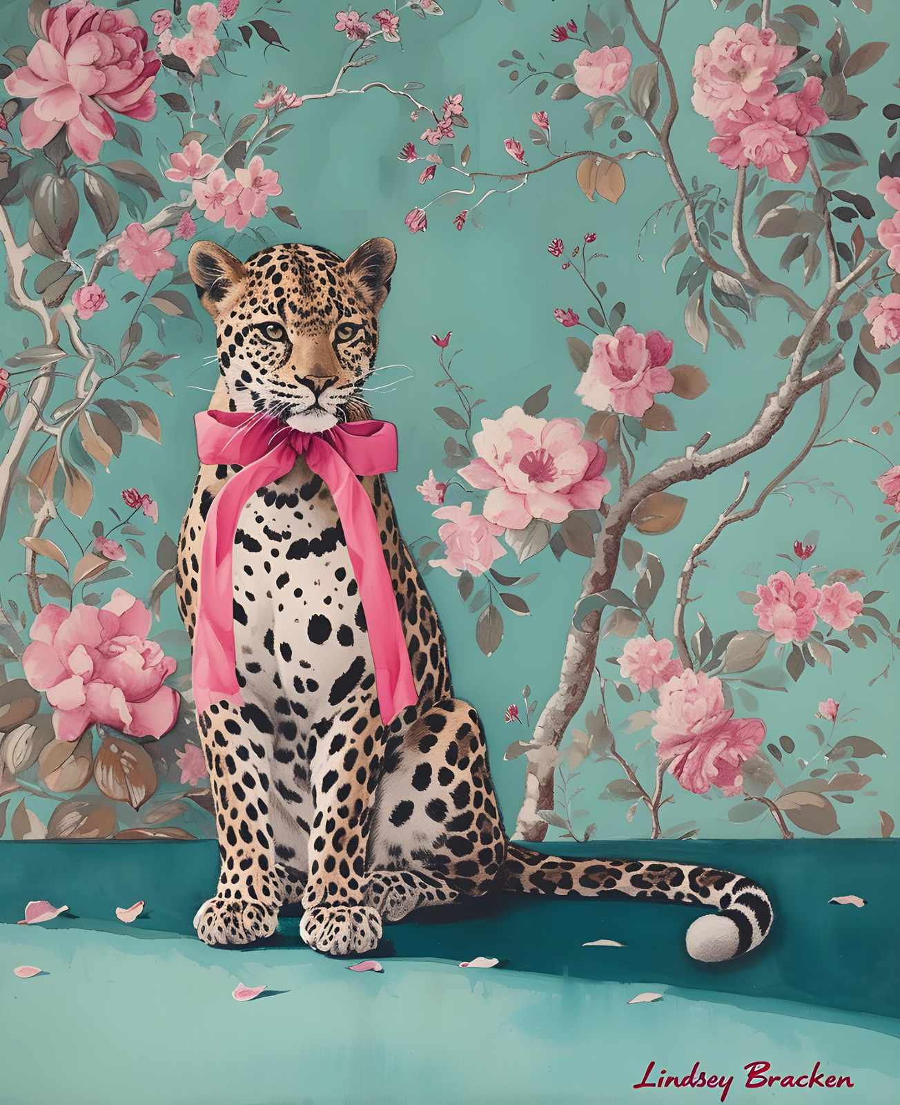 Whimsical Leopard Floral Teal Wall Art
