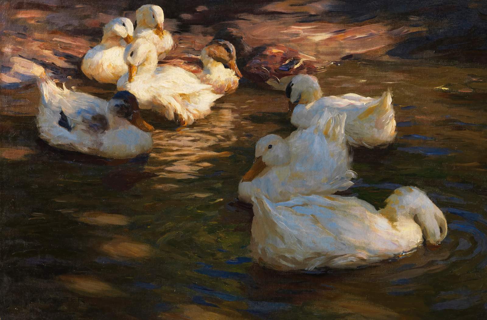 Serene Ducklings Pond Oil Painting Wall Art