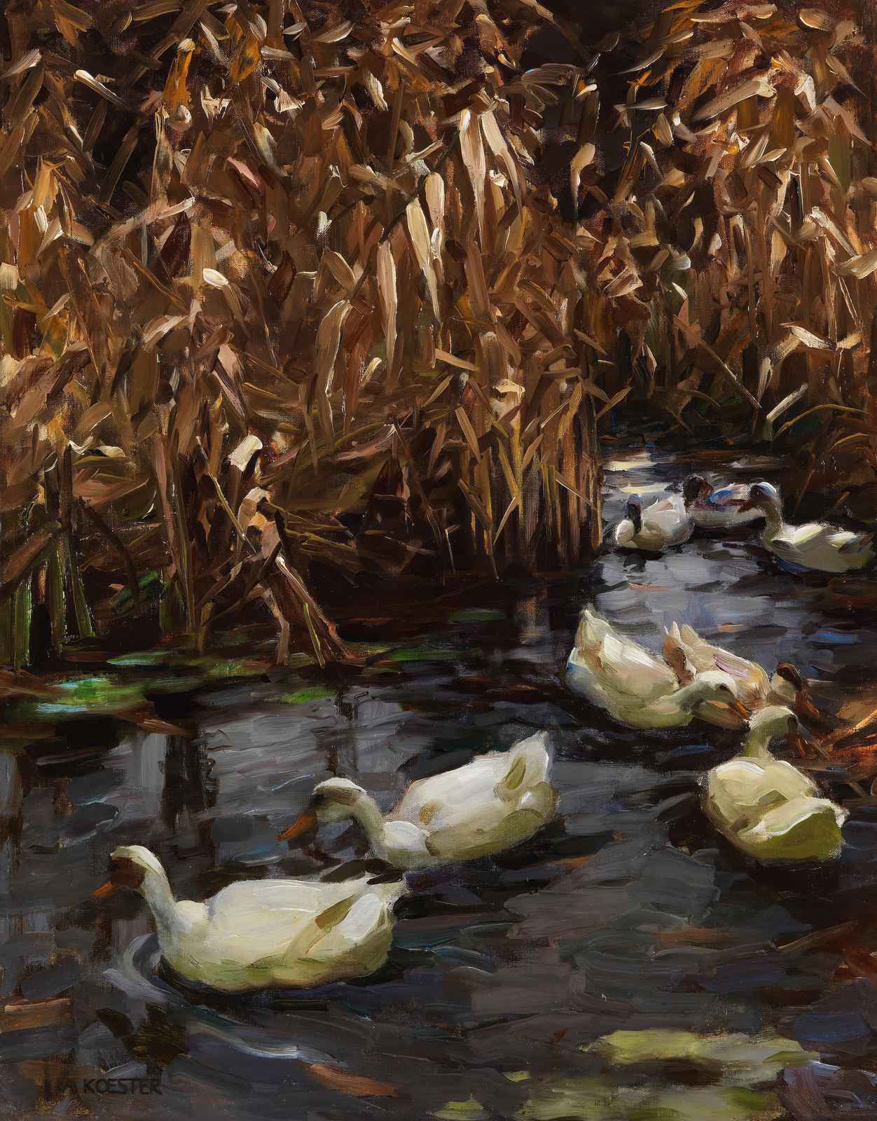 Serene Duck Pond Nature Oil Painting Wall Art