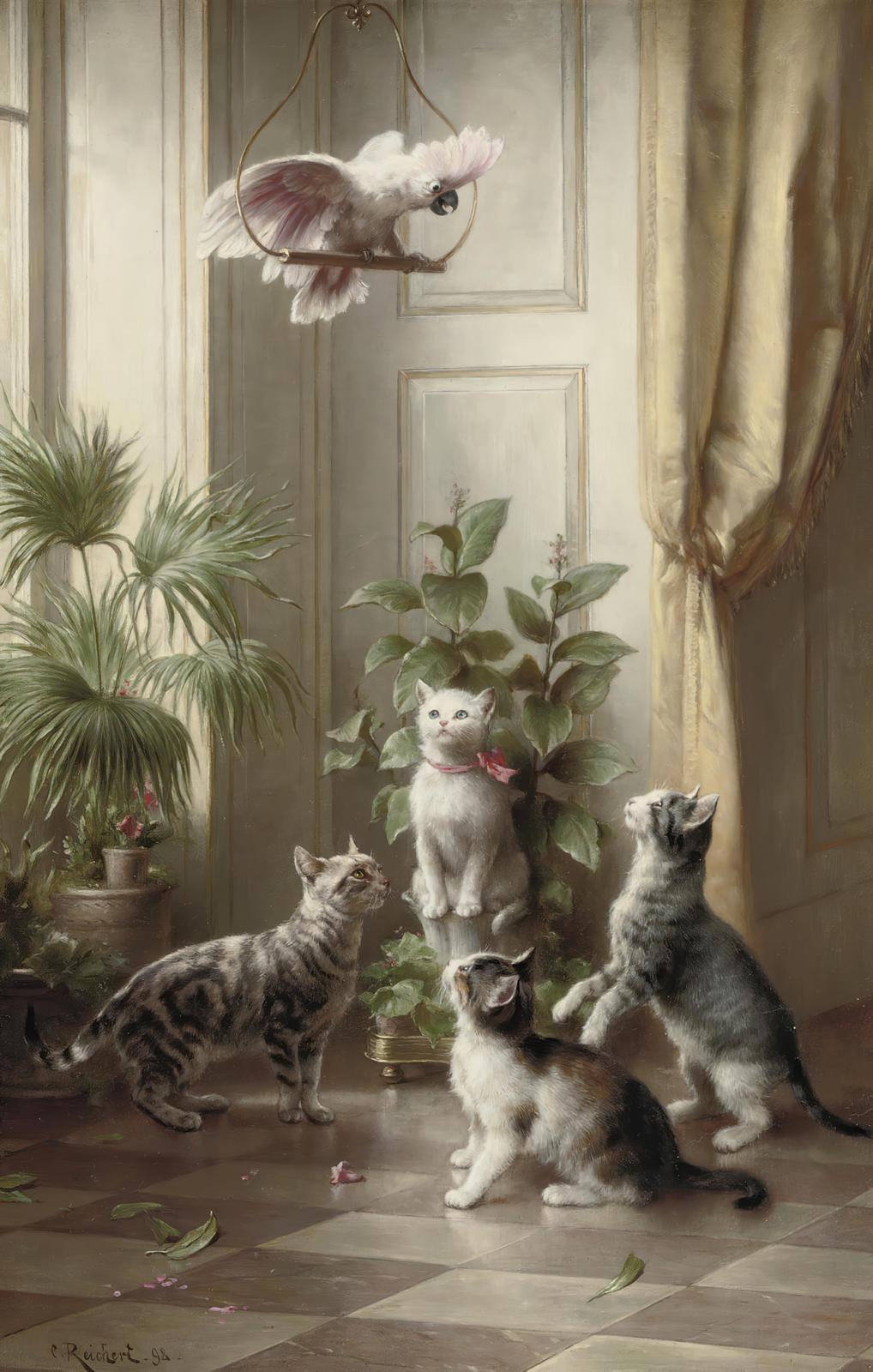 Playful Kittens & Cockatoo Vintage Art Wall Art