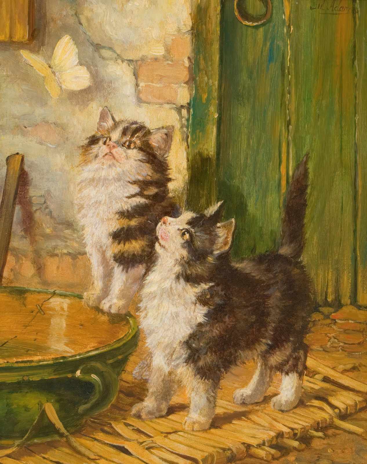 Curious Kittens & Butterfly Oil Painting Wall Art