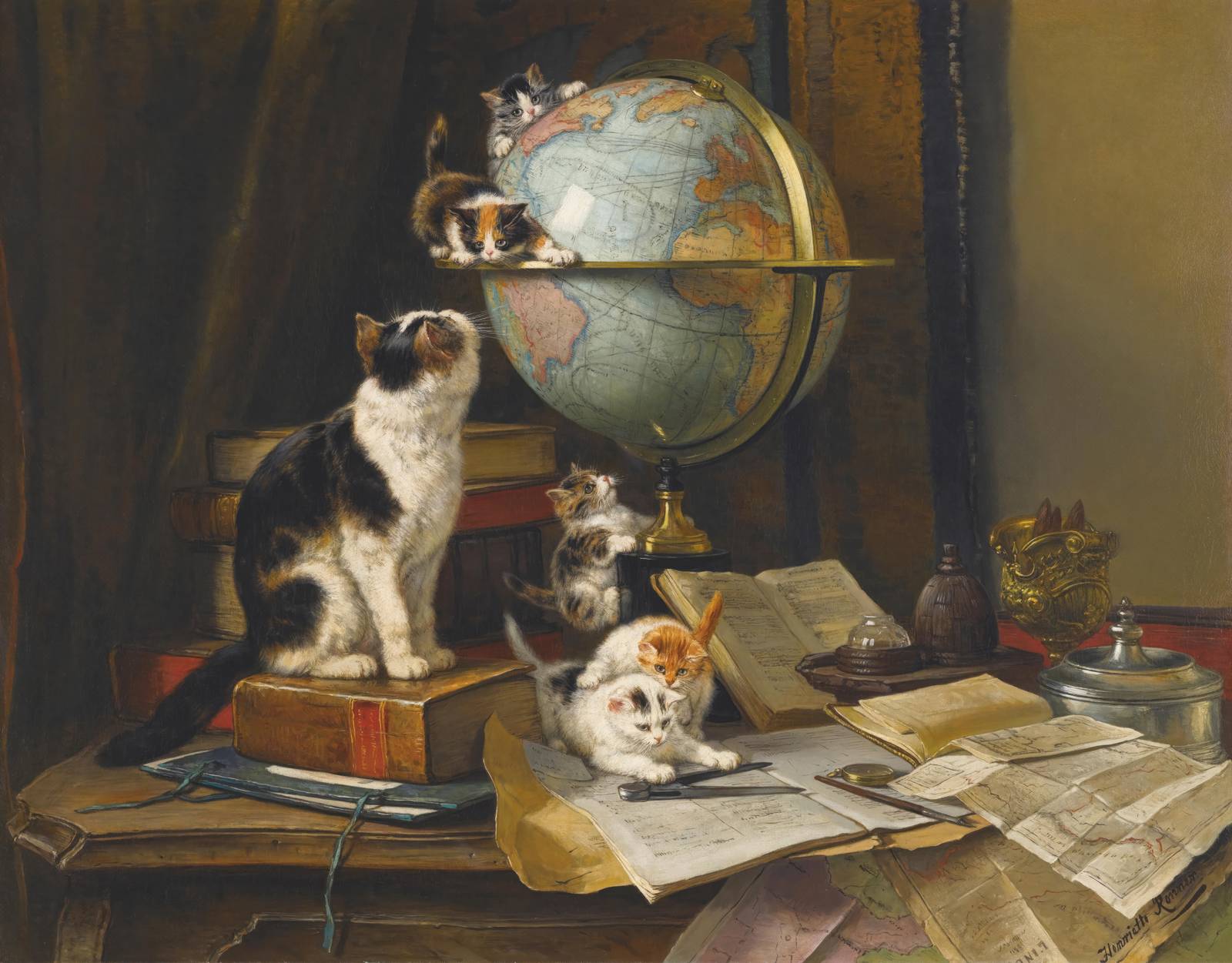 Curious Kittens Exploring Globe Wall Art
