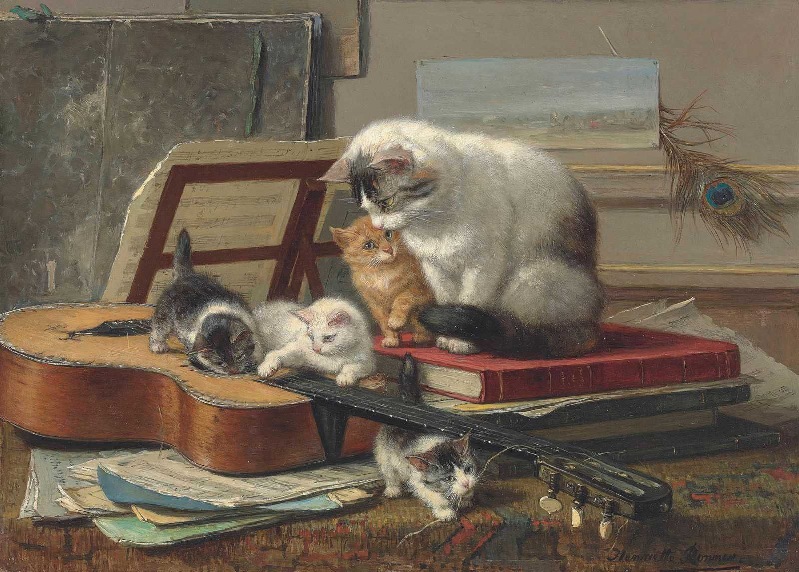 Playful Kittens & Guitar Vintage Art Wall Art