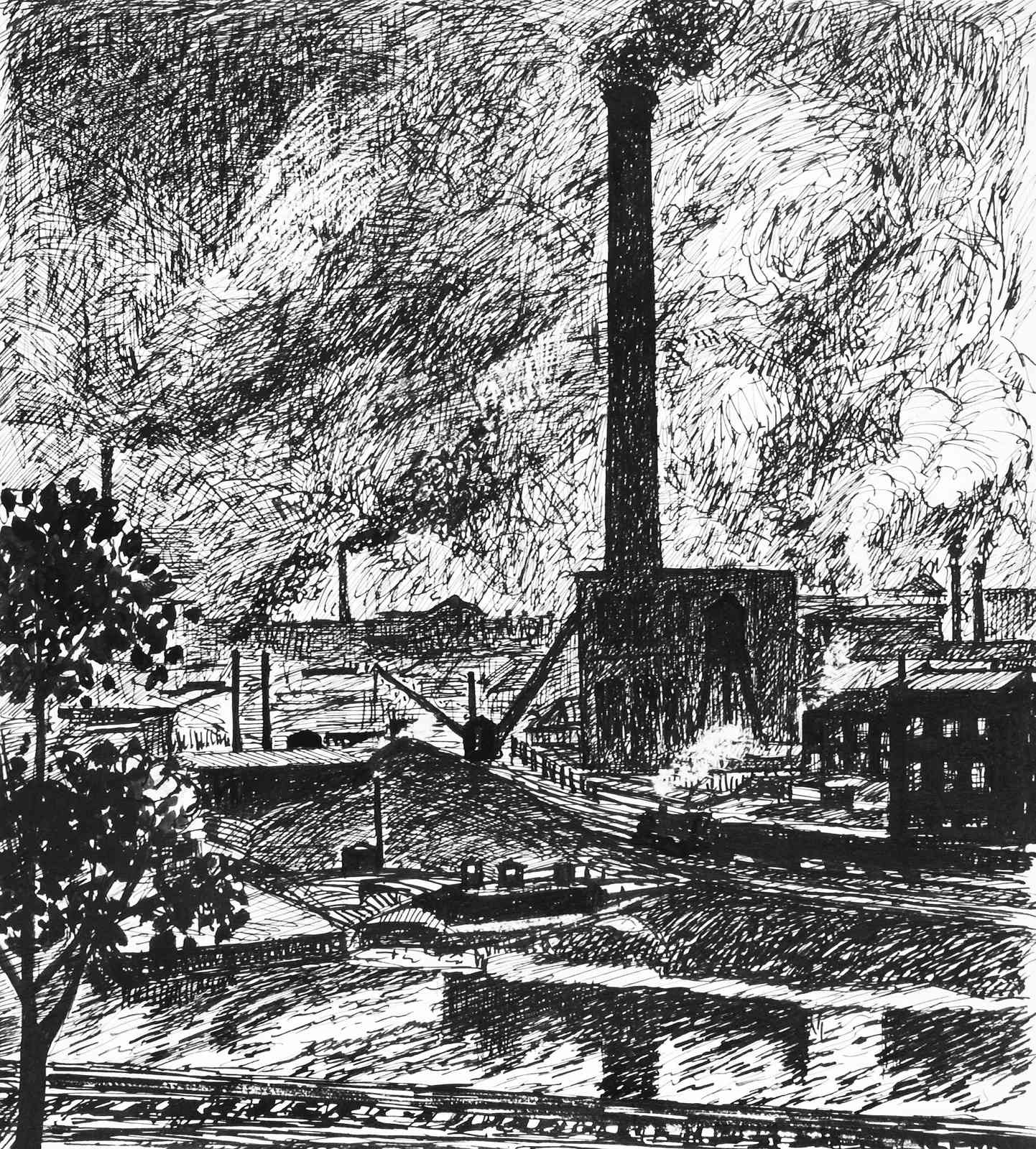 Industrial Cityscape Monochrome Sketch Wall Art