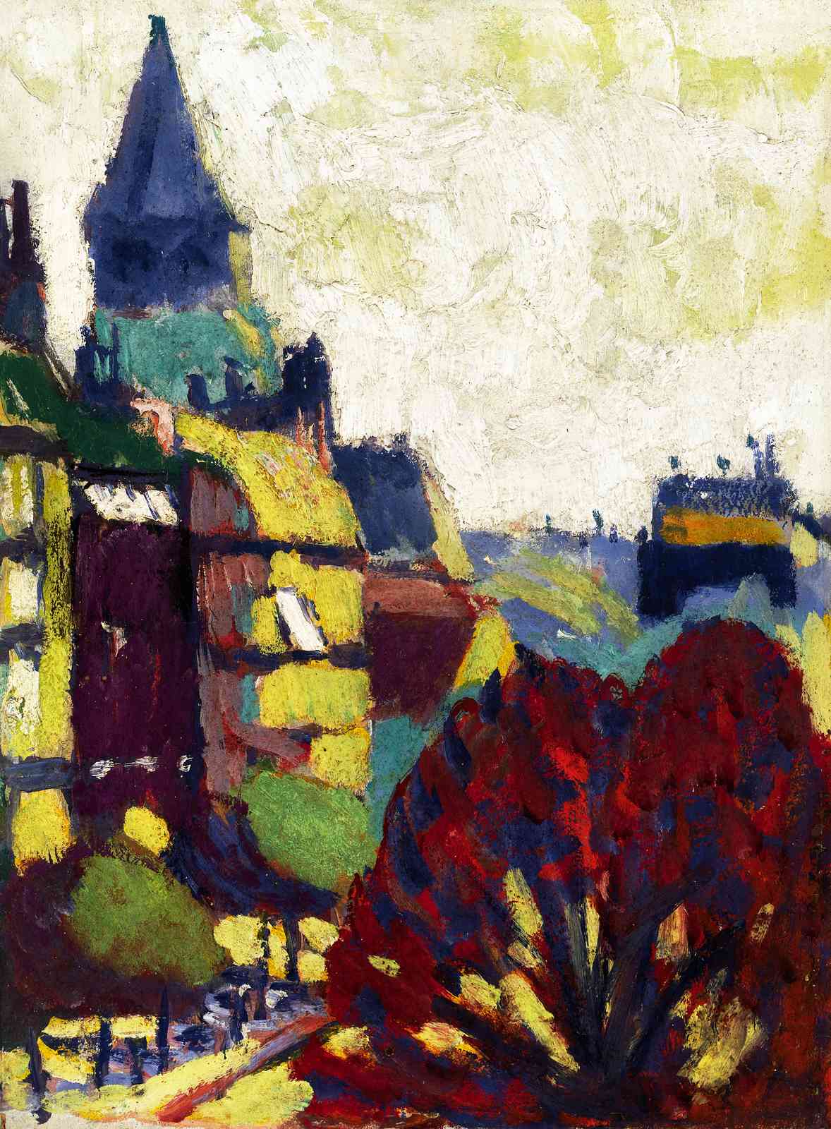 Vibrant Cityscape with Crimson Tree Wall Art