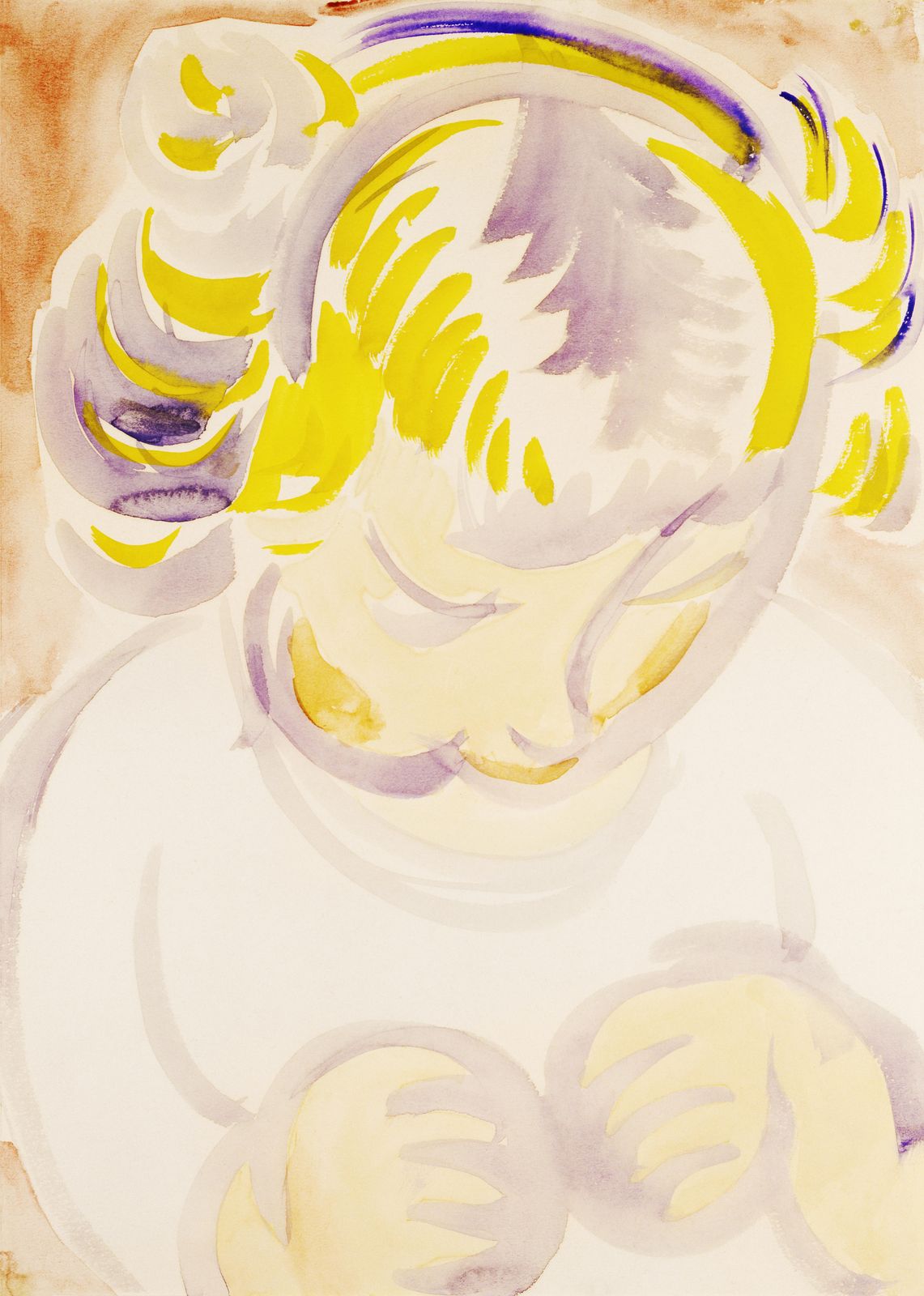Serene Child Portrait Abstract Yellow & Purple Wall Art