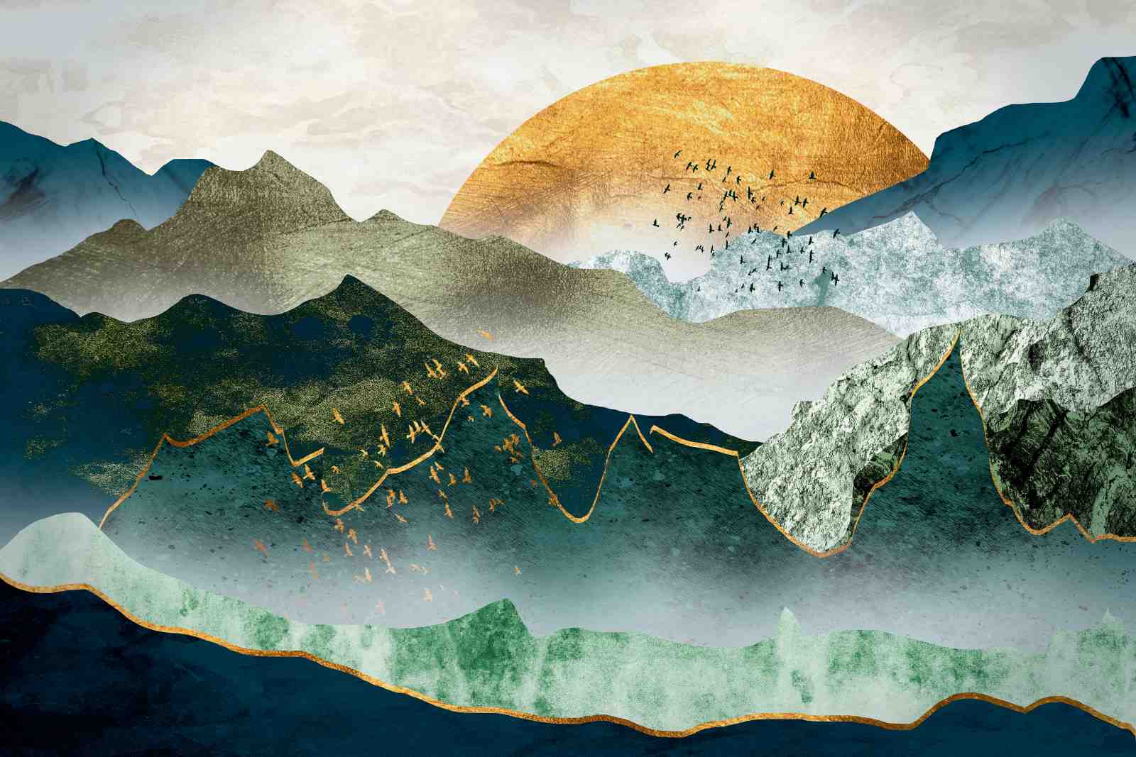Golden Sunrise Mountain Flock Wall Art