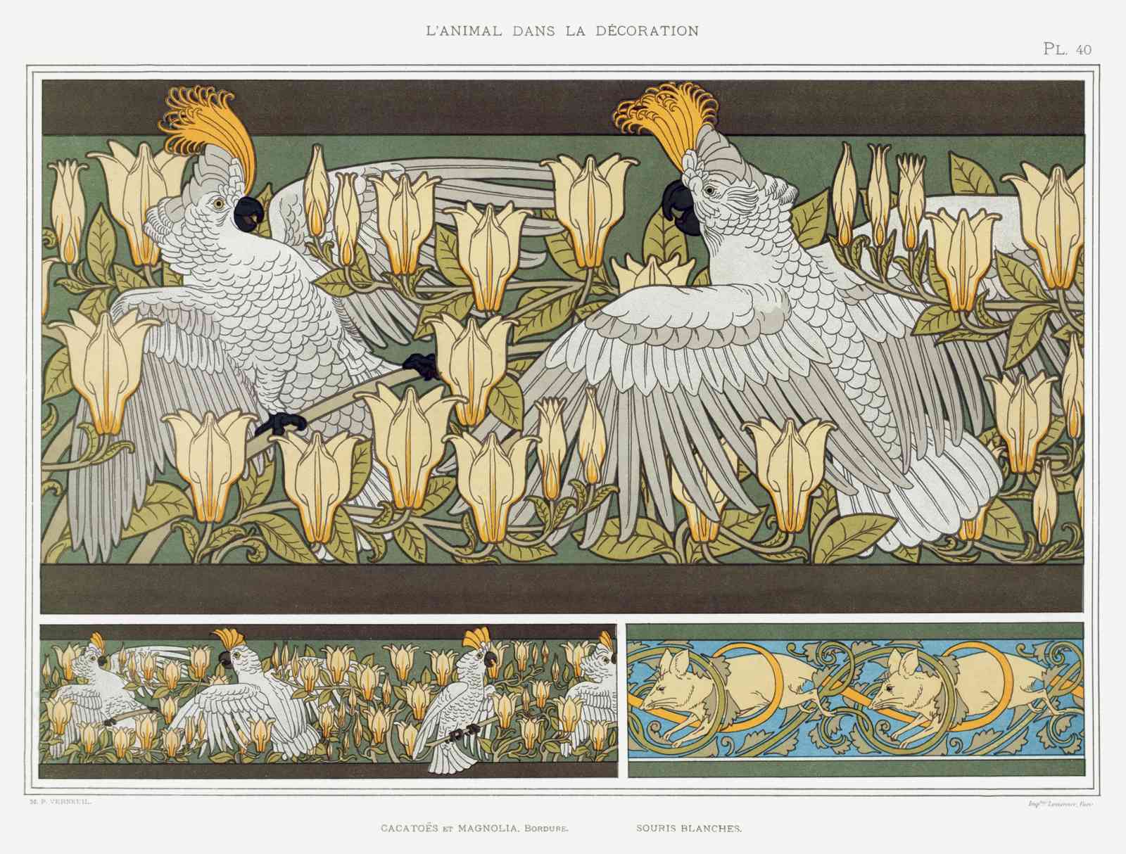 Elegant Cockatoo & Magnolia Art Nouveau Wall Art
