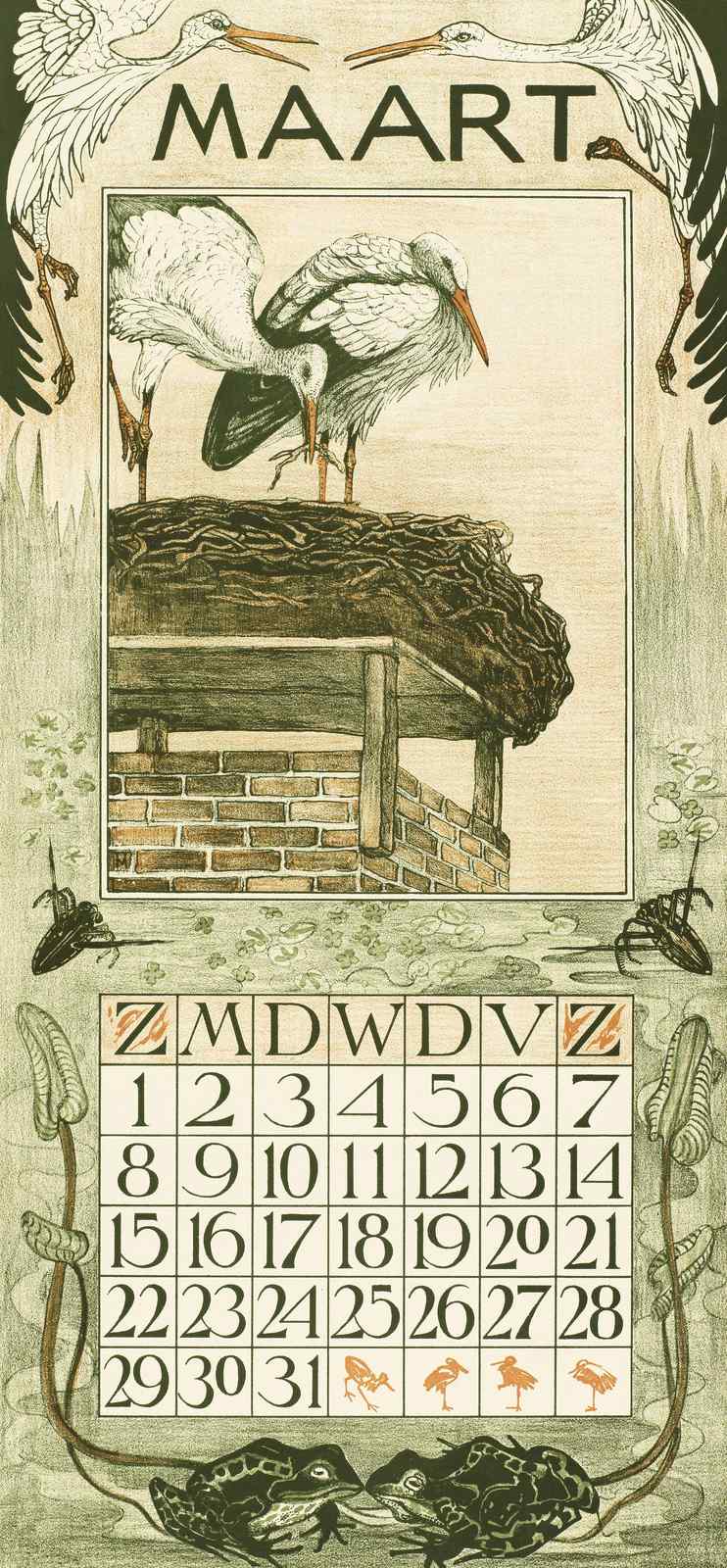 Vintage Storks & Frogs Botanical Calendar Art Wall Art