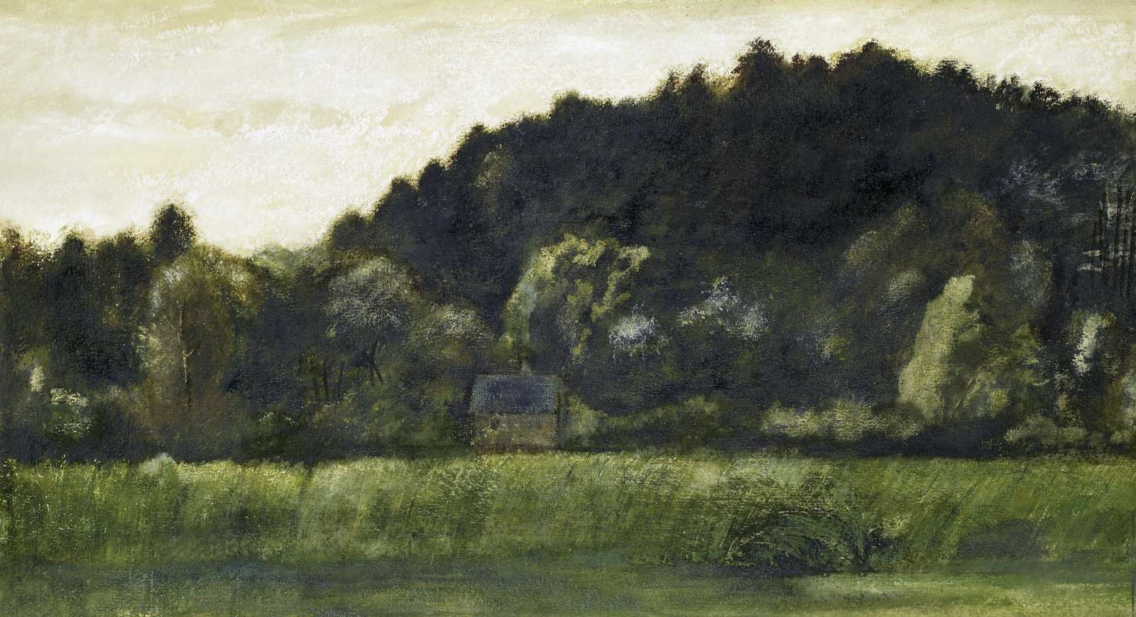Serene Meadow Cabin Landscape Wall Art