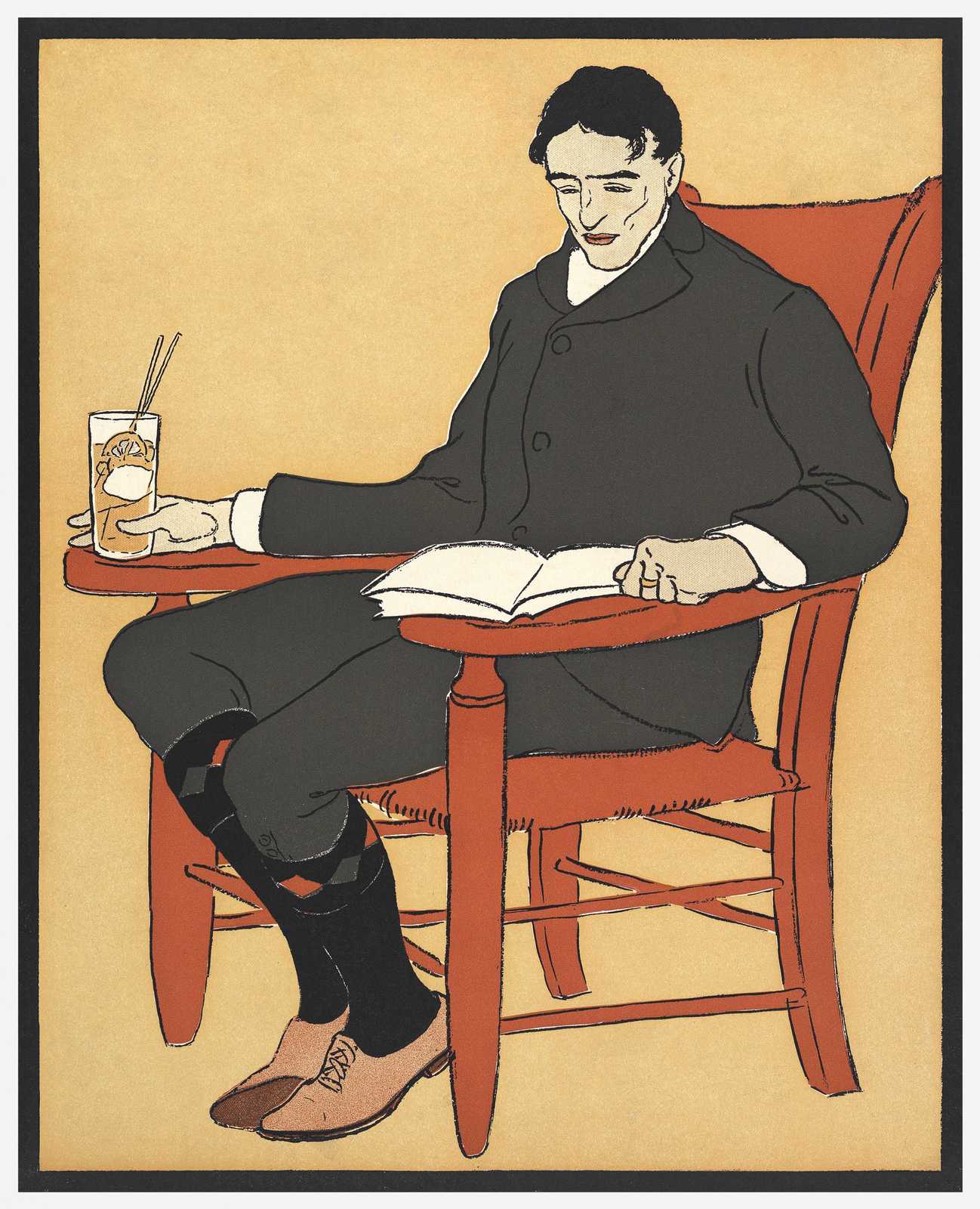 Vintage Man Reading & Sipping Drink Wall Art