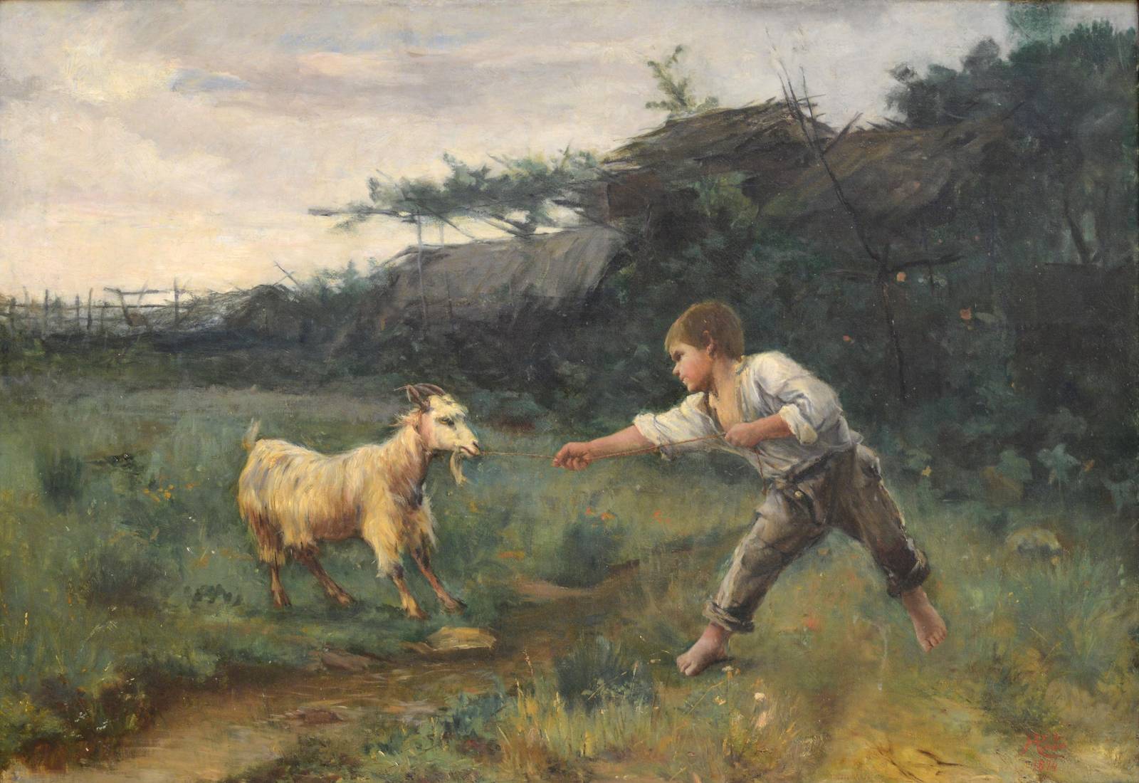 Boy and Goat Pastoral Scene Wall Art