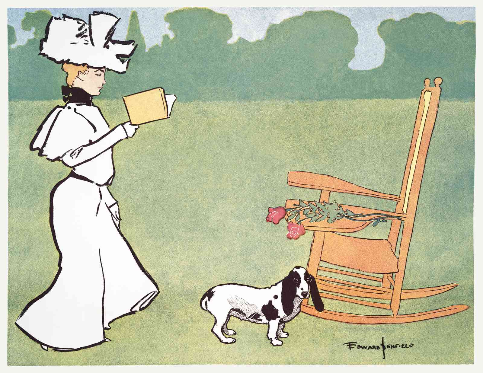 Vintage Lady Reading Dog Rocking Chair Wall Art