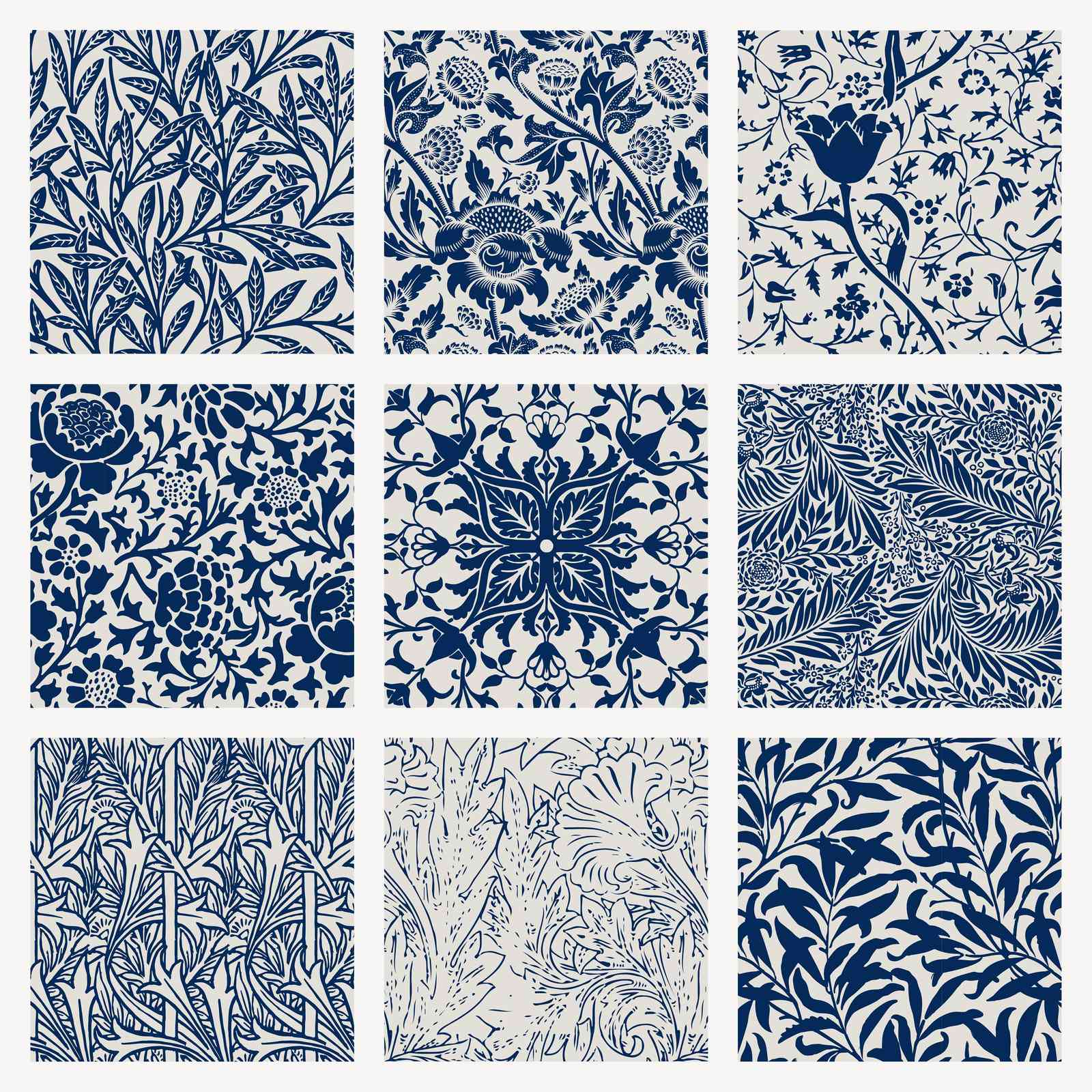 Elegant Blue Floral & Bird Patterns Wall Art