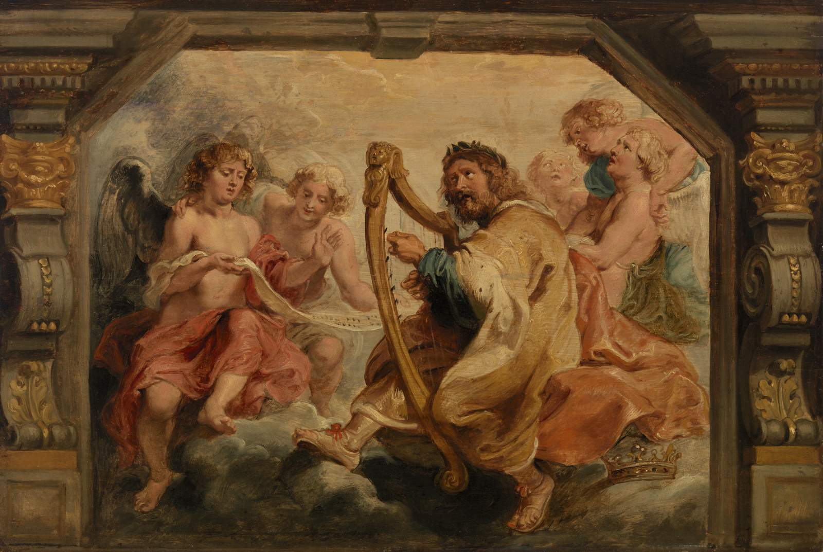 Angelic Harpist & Cherubs Masterpiece Wall Art