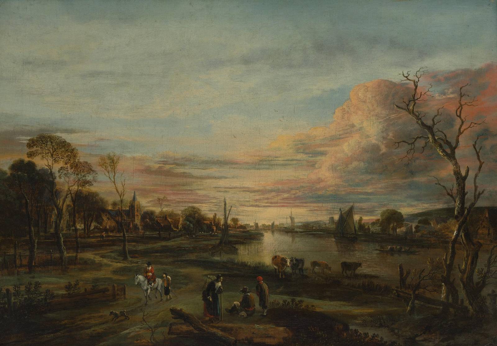 Vintage River Landscape & Figures Wall Art