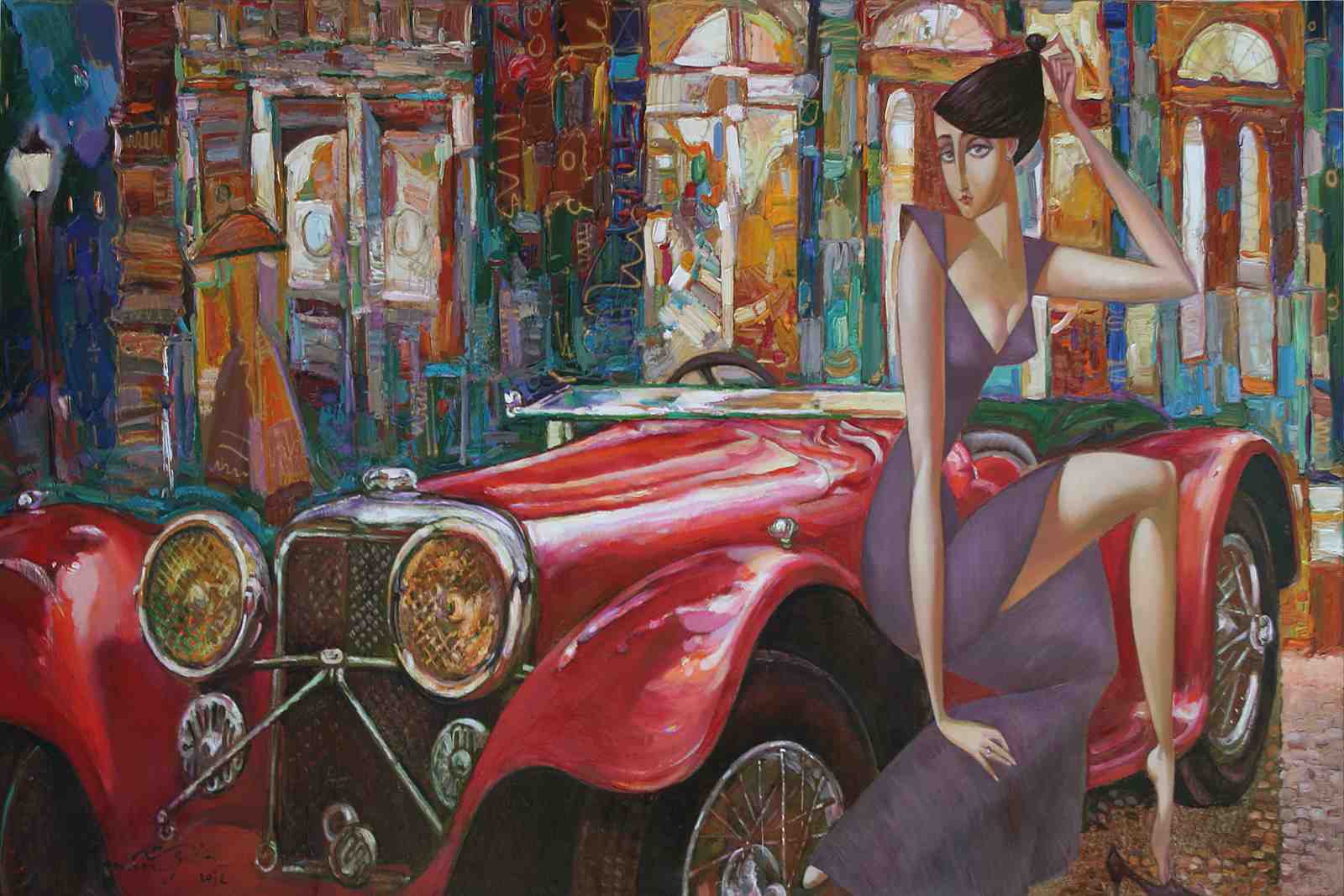 Vintage Elegance Red Car & Woman Wall Art