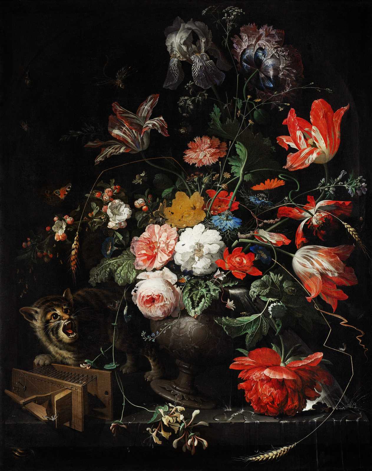 Dramatic Cat & Flowers Dutch Golden Age Wall Art