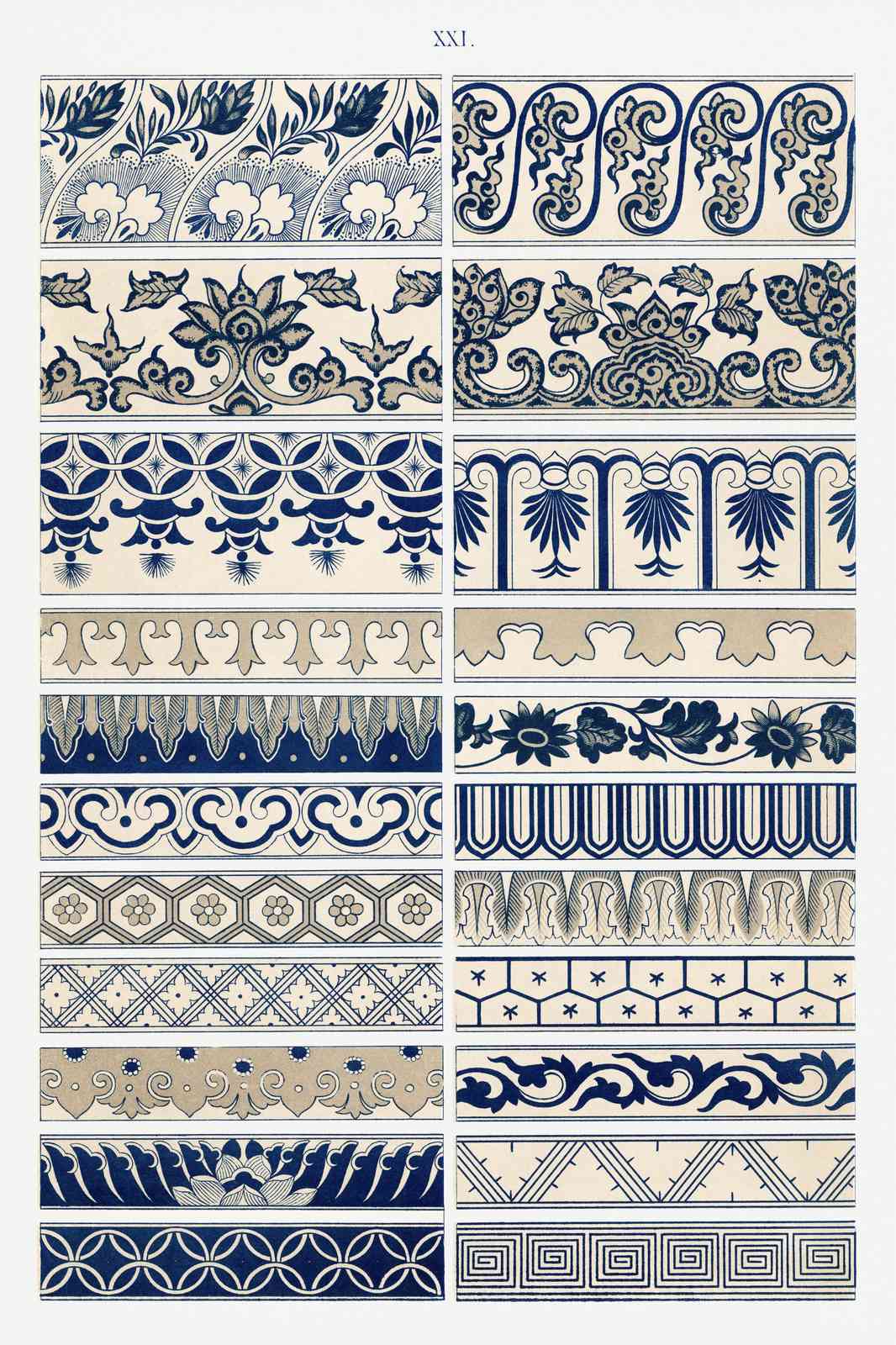 Vintage Blue Floral Border Patterns Wall Art