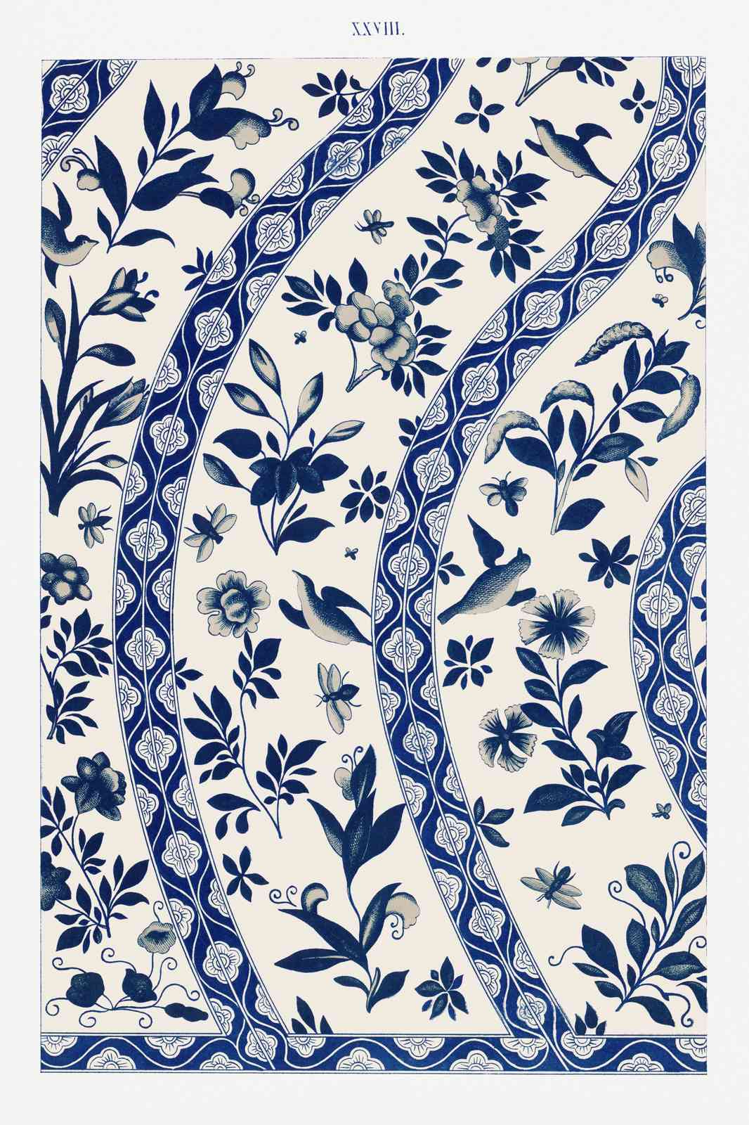 Vintage Blue Bird Floral Pattern Wall Art
