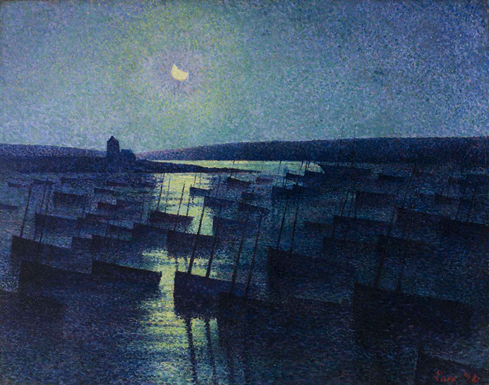 Serene Moonlit Harbor Boats Wall Art