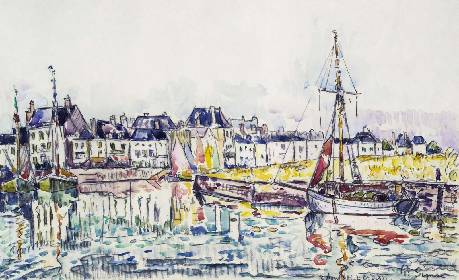 Coastal Harbor Boat Watercolor Wall Art