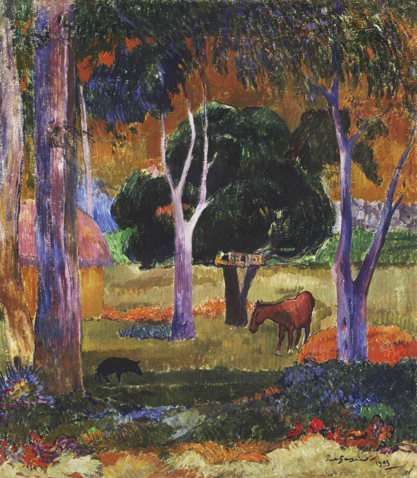 Vibrant Forest Landscape Horse & Pig Wall Art