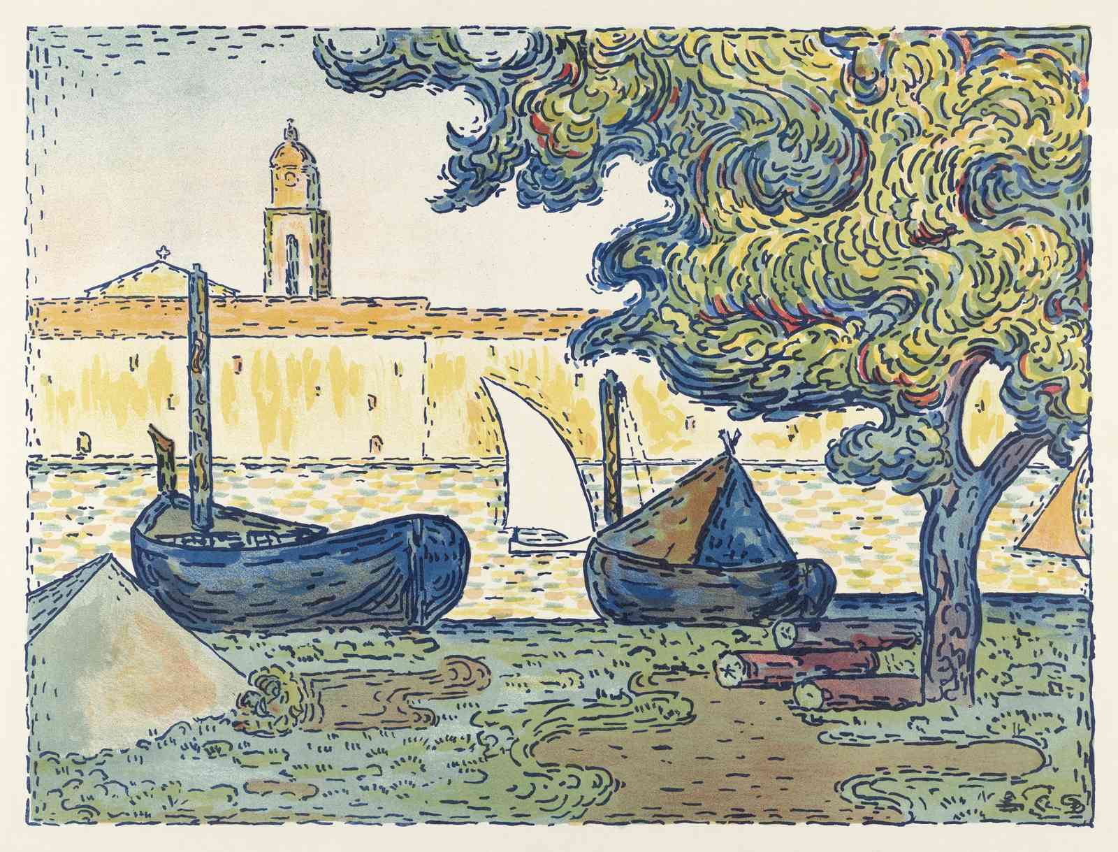 Boats at Harbor Van Gogh Style Wall Art