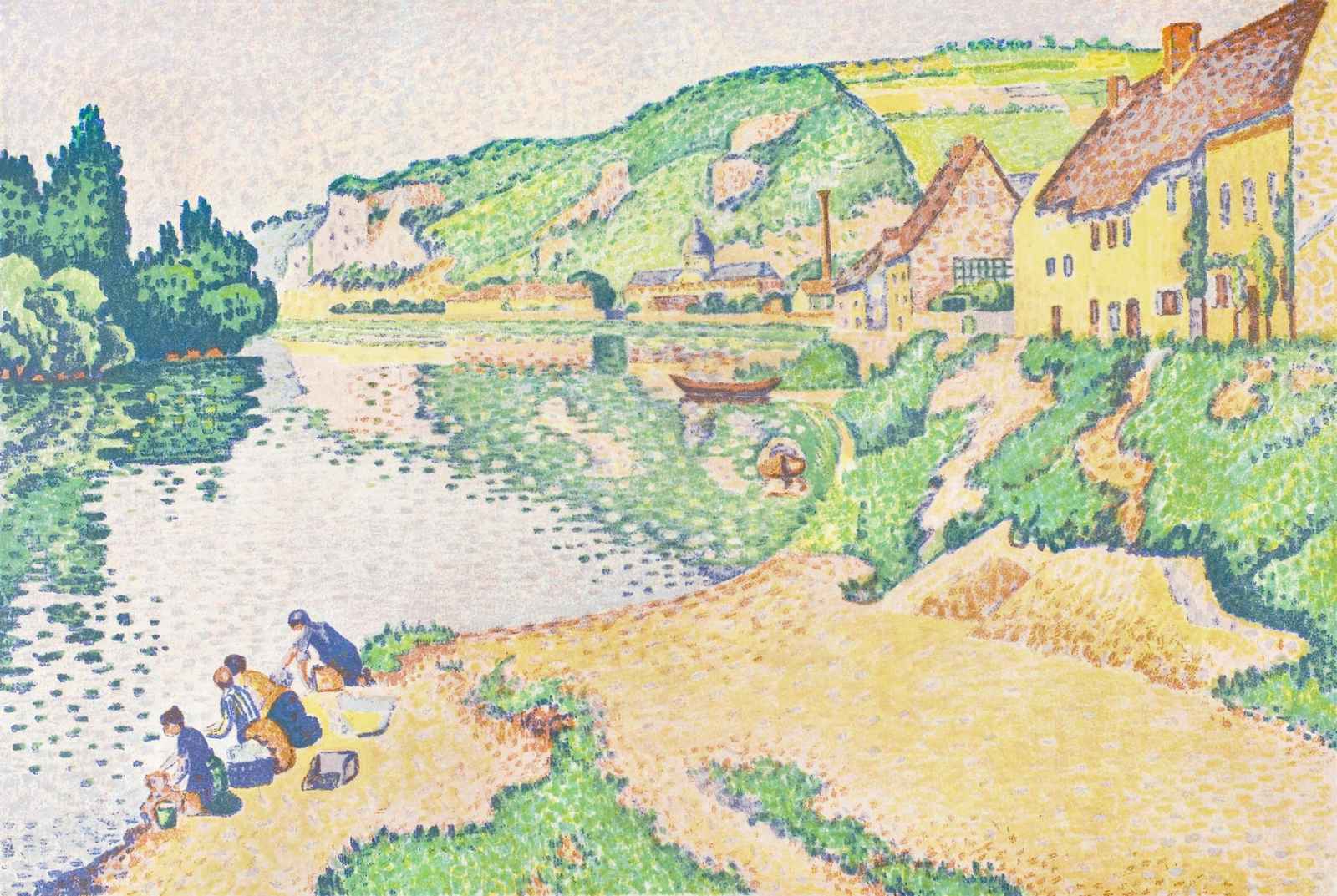 Serene River Village Neo-Impressionist Wall Art