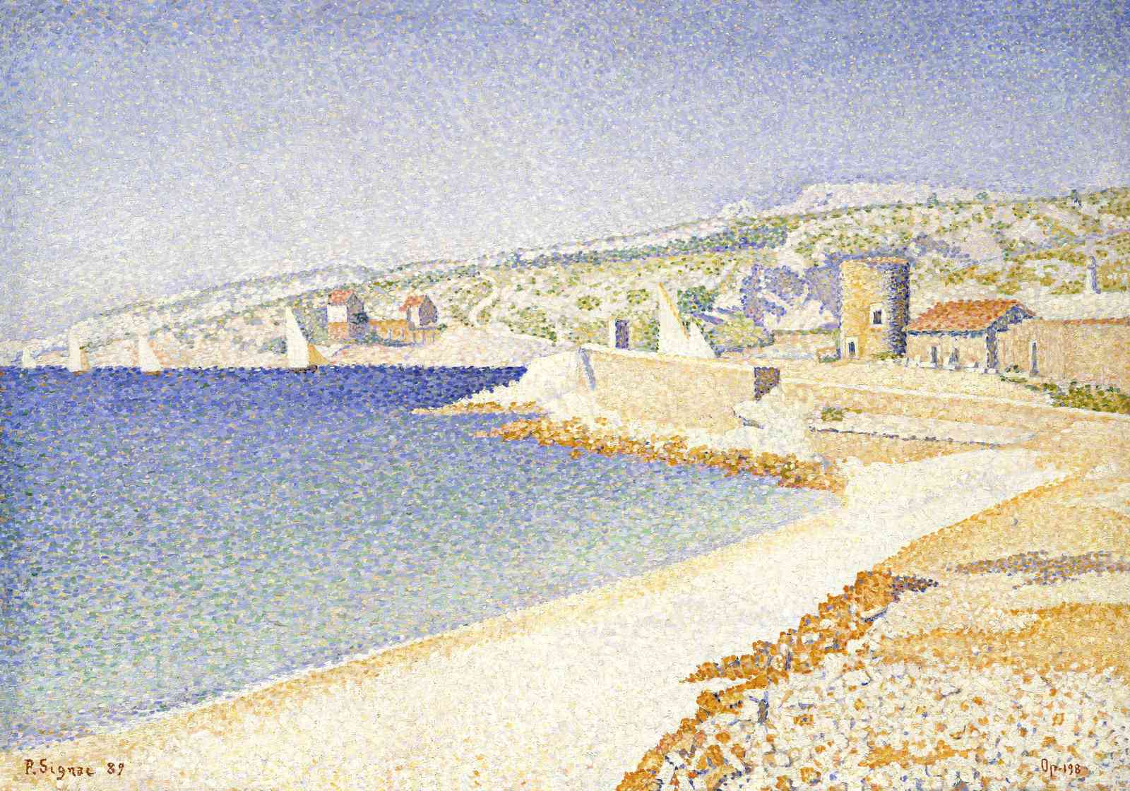 Serene Harbor Landscape Pointillism Wall Art