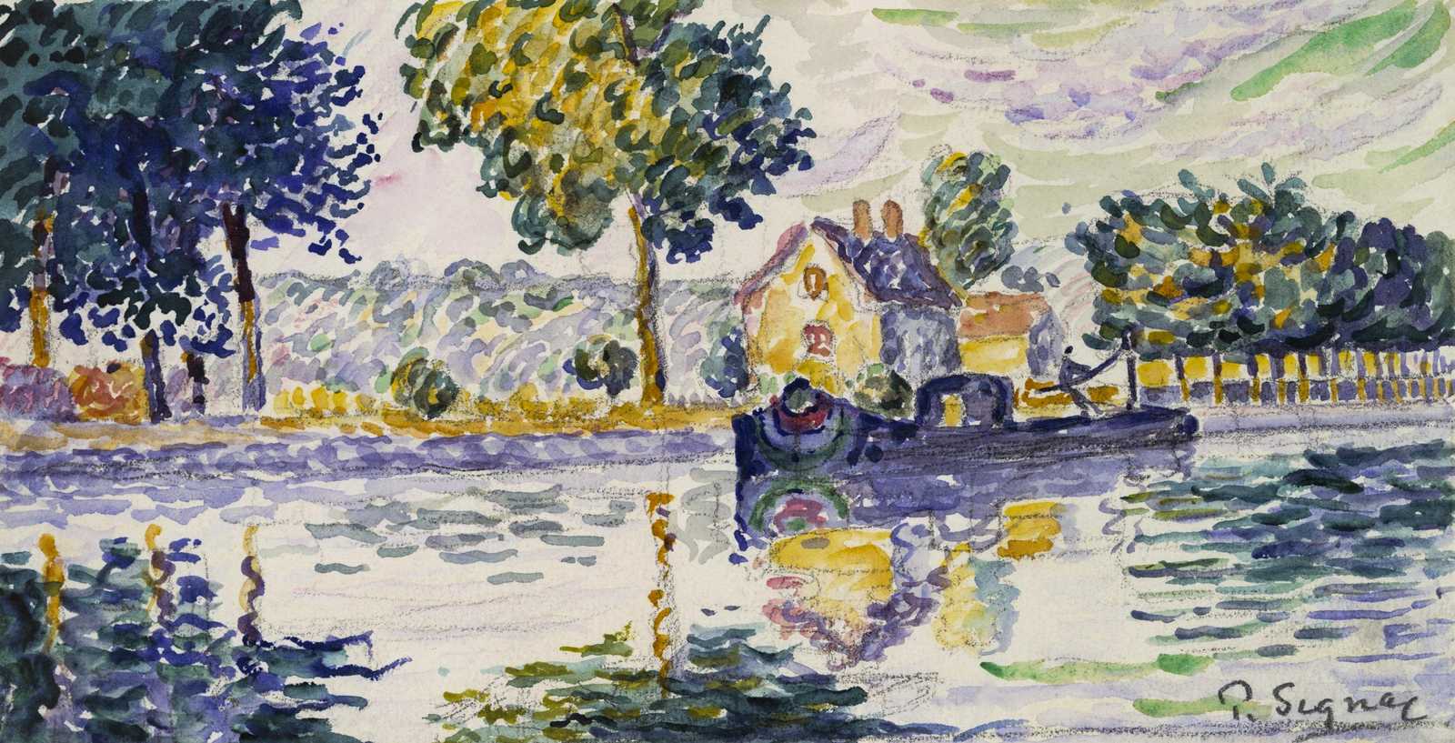 Impressionist River Scene with Boat Wall Art