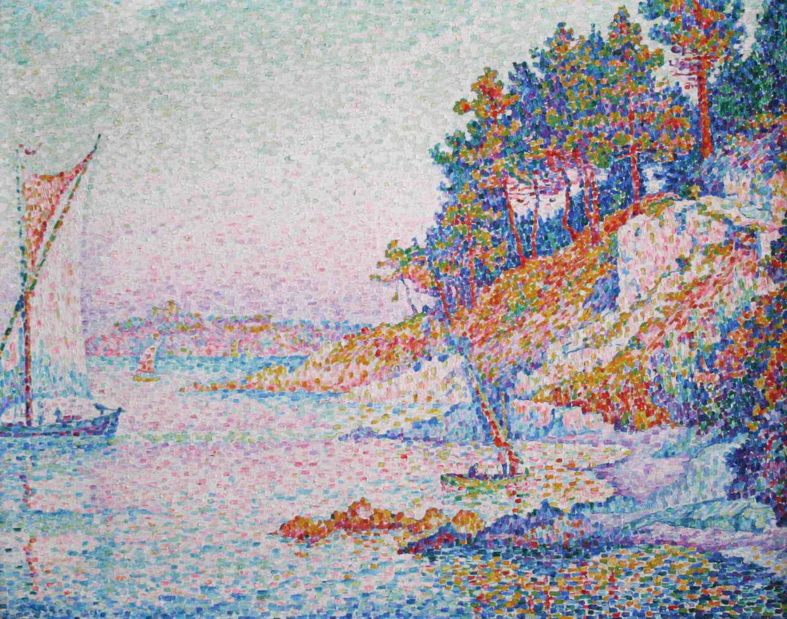 Vibrant Pointillist Sailboat Seascape Wall Art