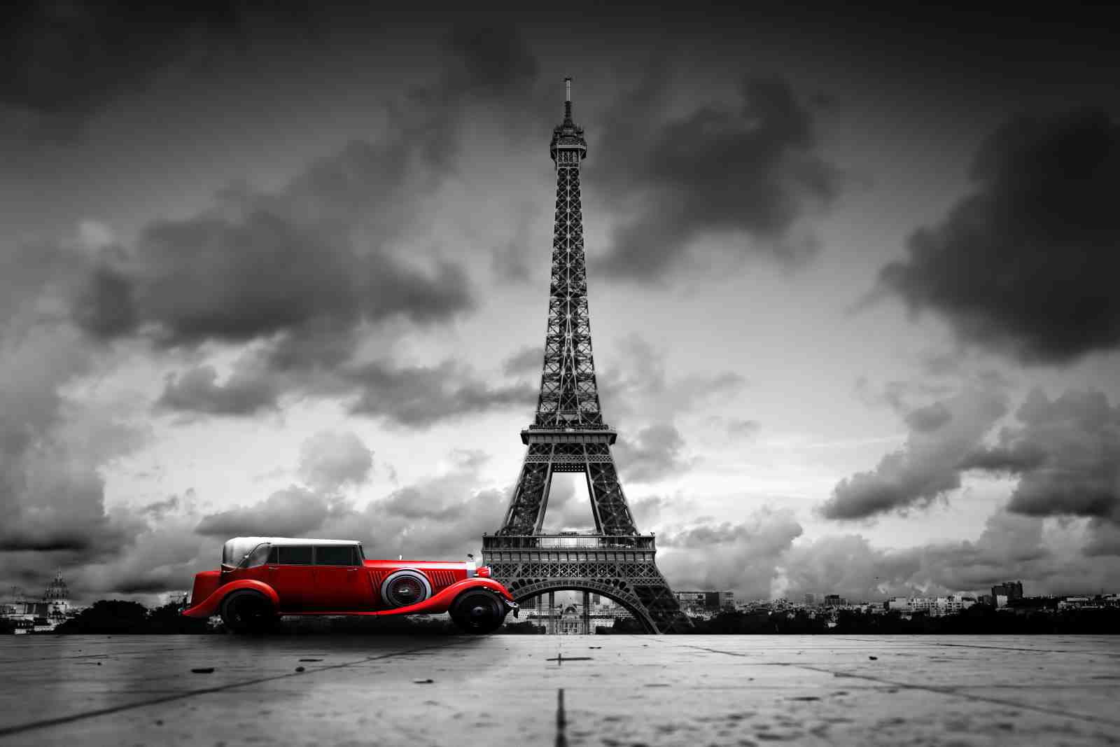 Retro Paris Red Car Eiffel Tower Wall Art
