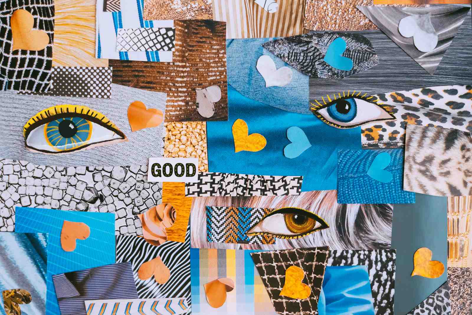 Vibrant Mixed Media Collage Eye & Hearts Wall Art