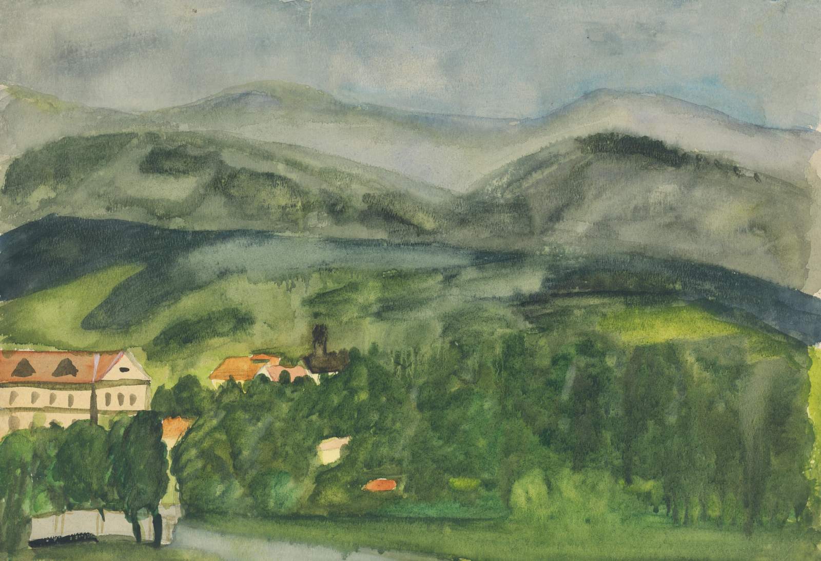 Serene Mountain Village Watercolor Wall Art