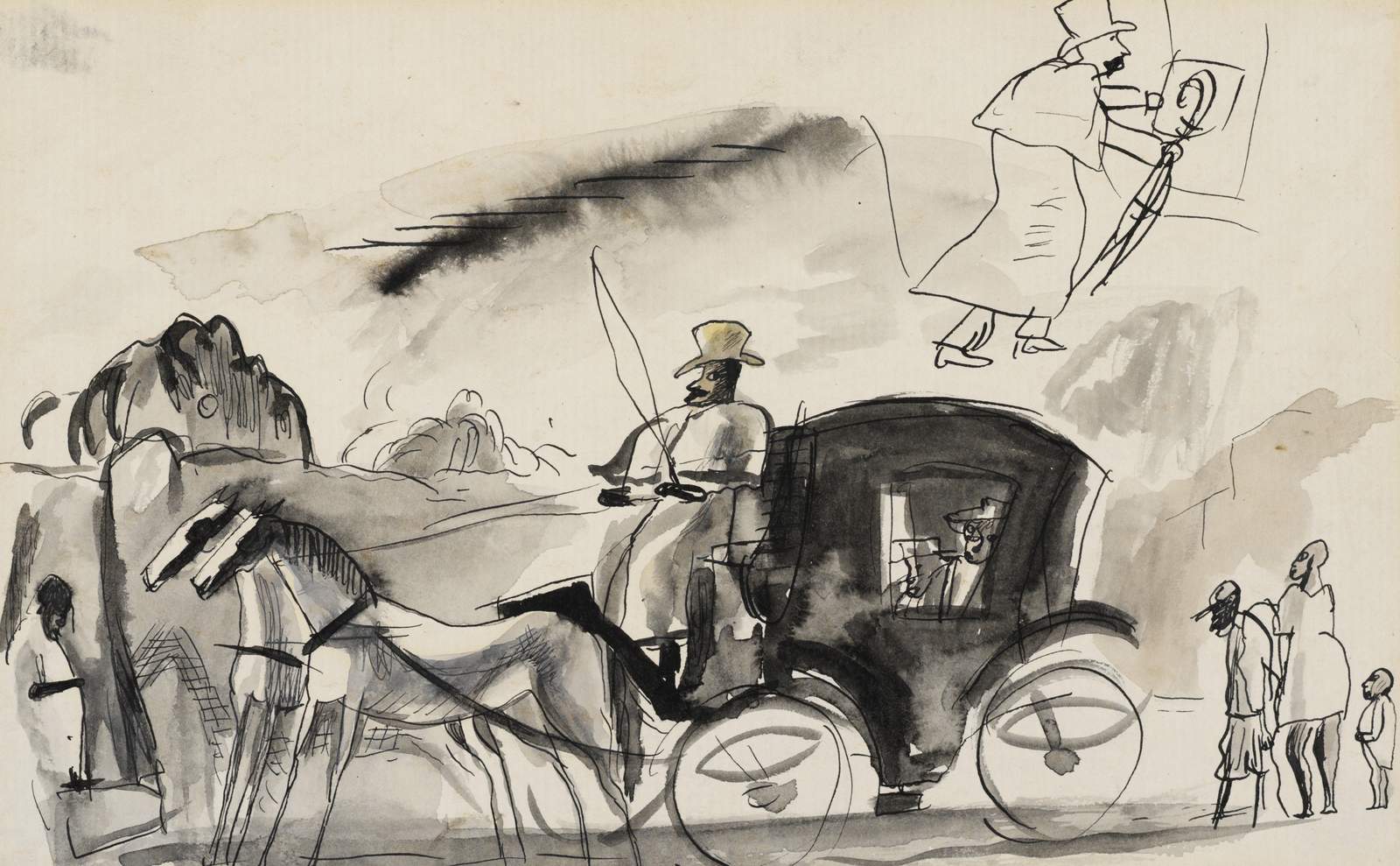 Vintage Carriage Scene Ink Sketch Wall Art
