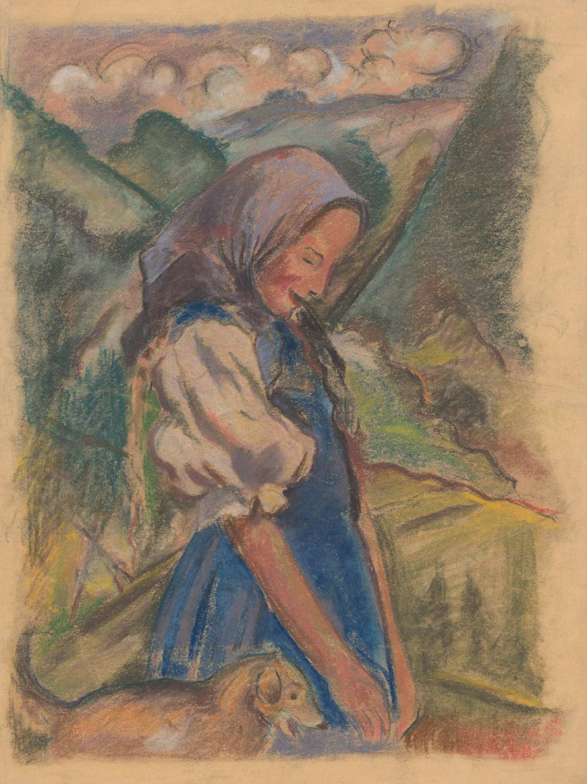 Vintage Girl & Dog Pastoral Scene Wall Art