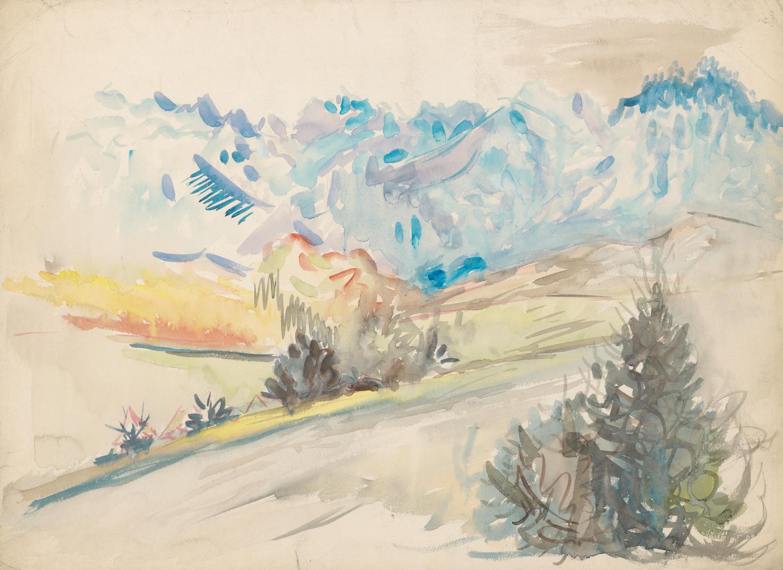 Serene Mountain Landscape Watercolor Wall Art