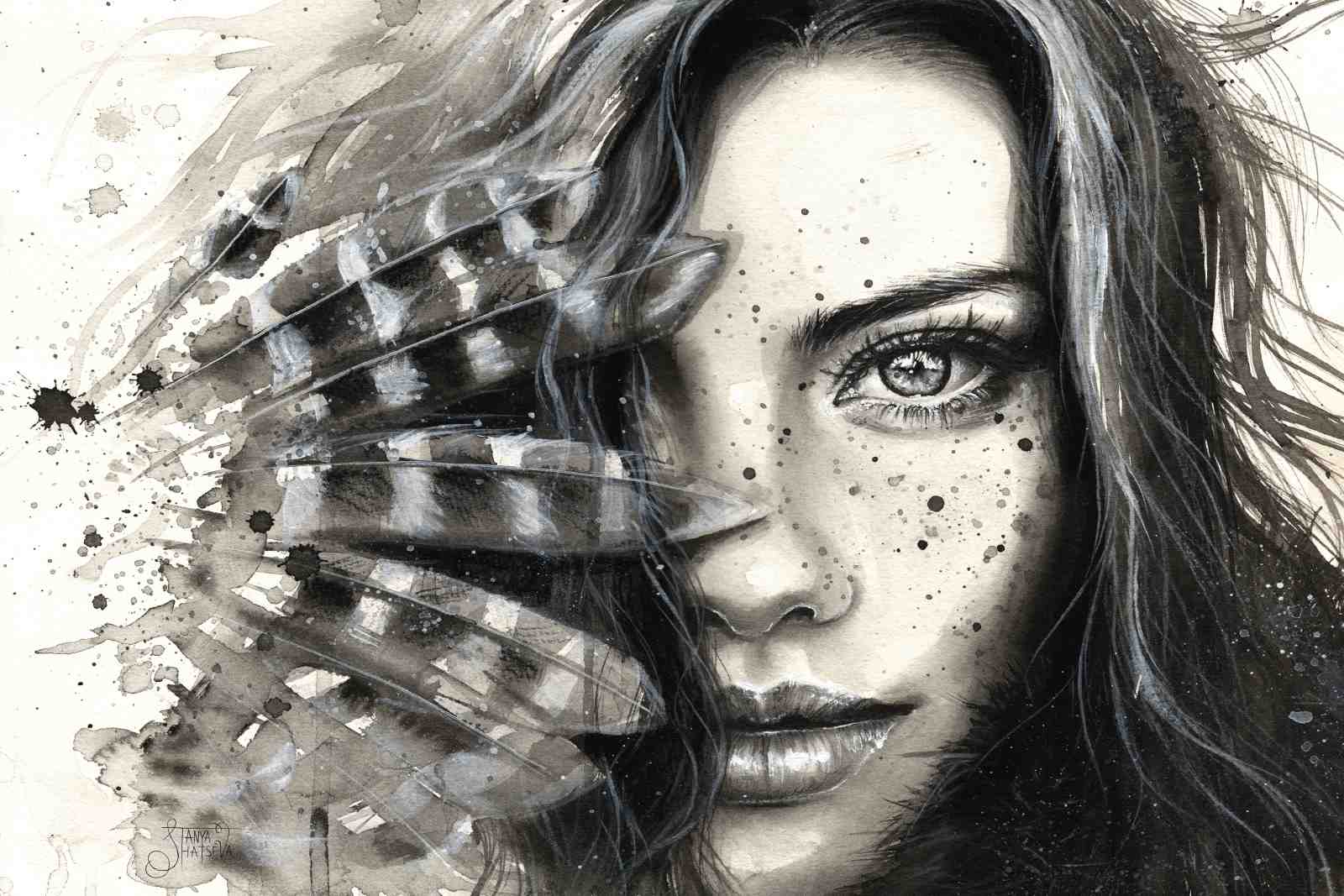 Mysterious Woman Feather Portrait Wall Art