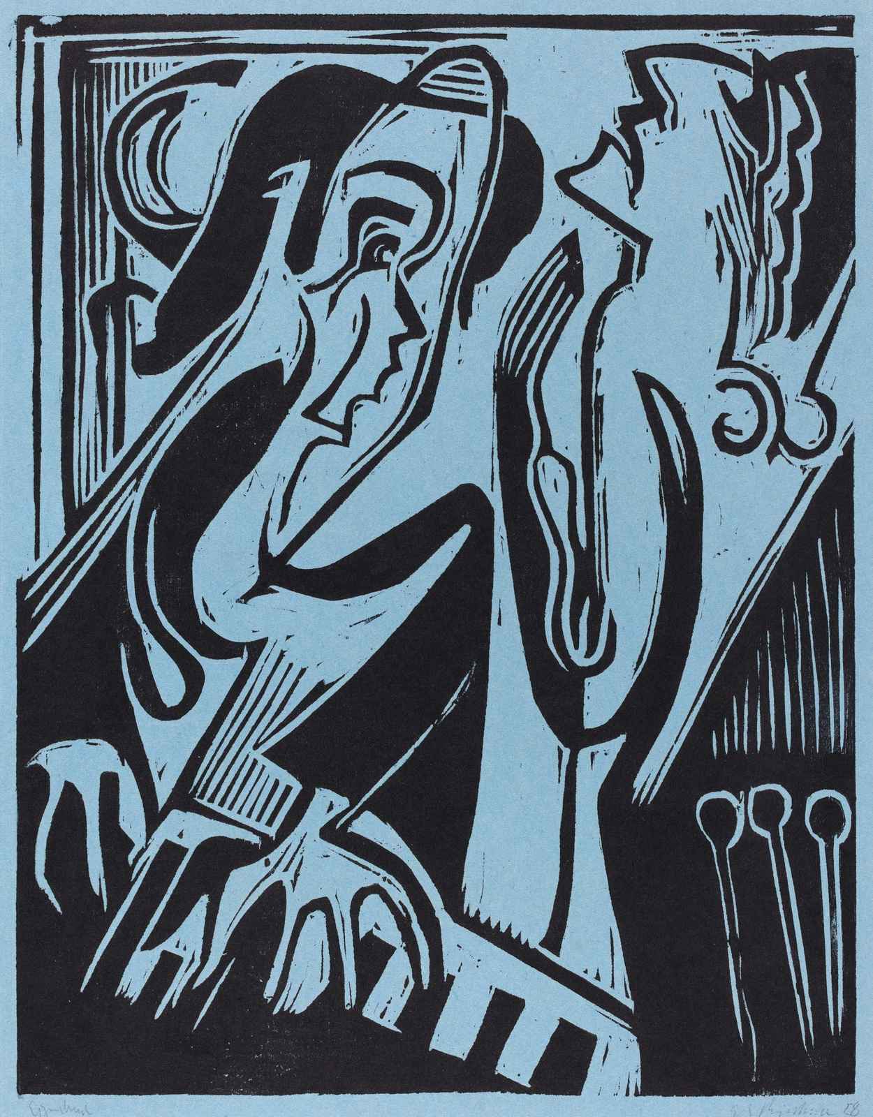 Abstract Figures Blue & Black Woodcut Wall Art