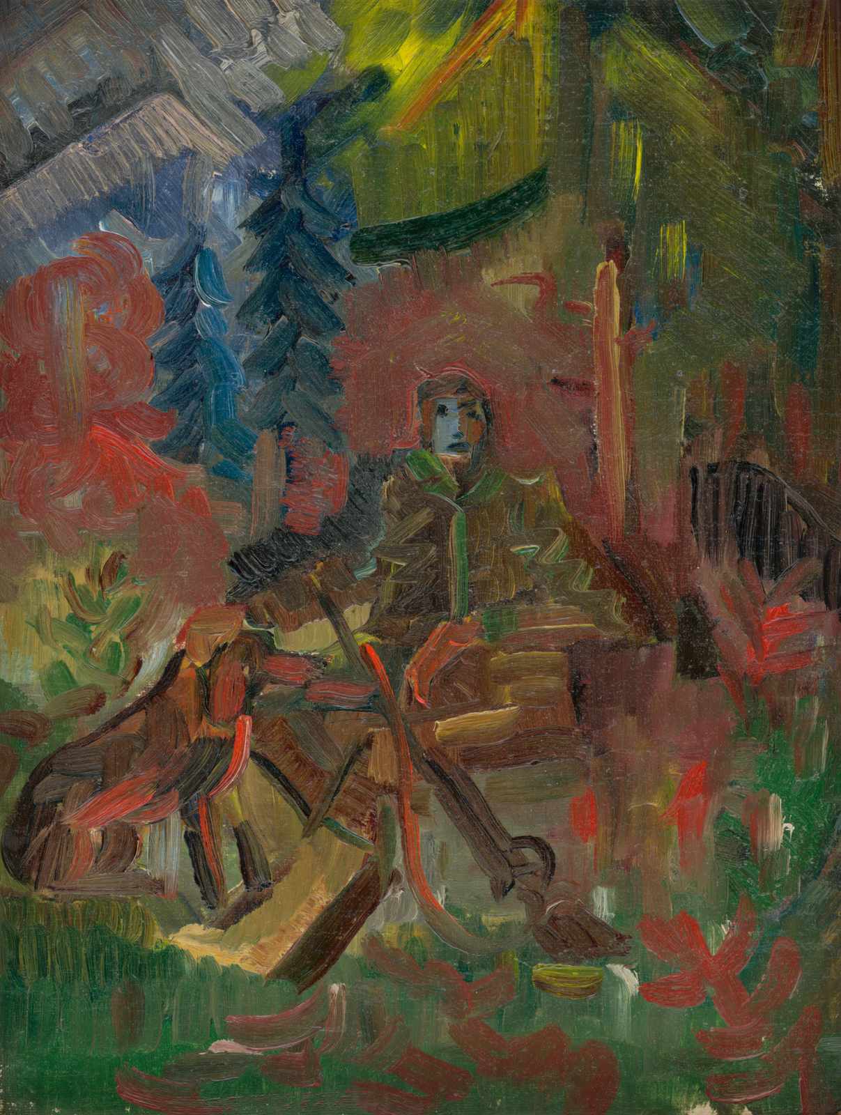 Man & Dog in Forest Impressionist Wall Art