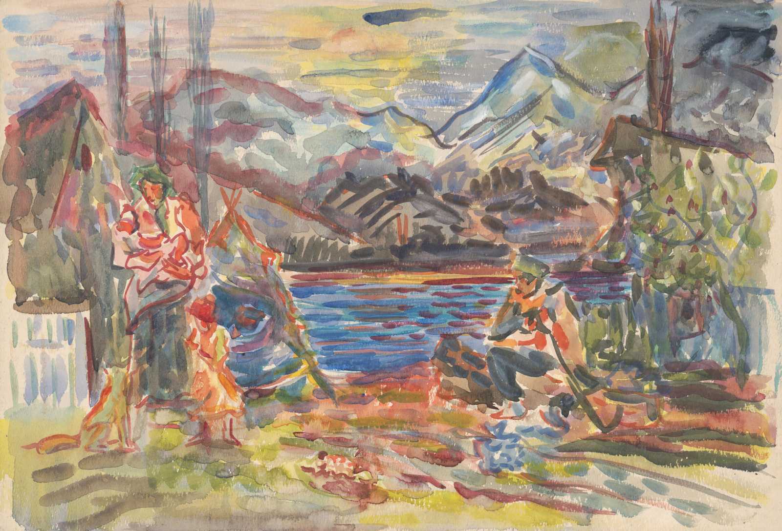 Vibrant Lakeside Gathering Watercolor Wall Art