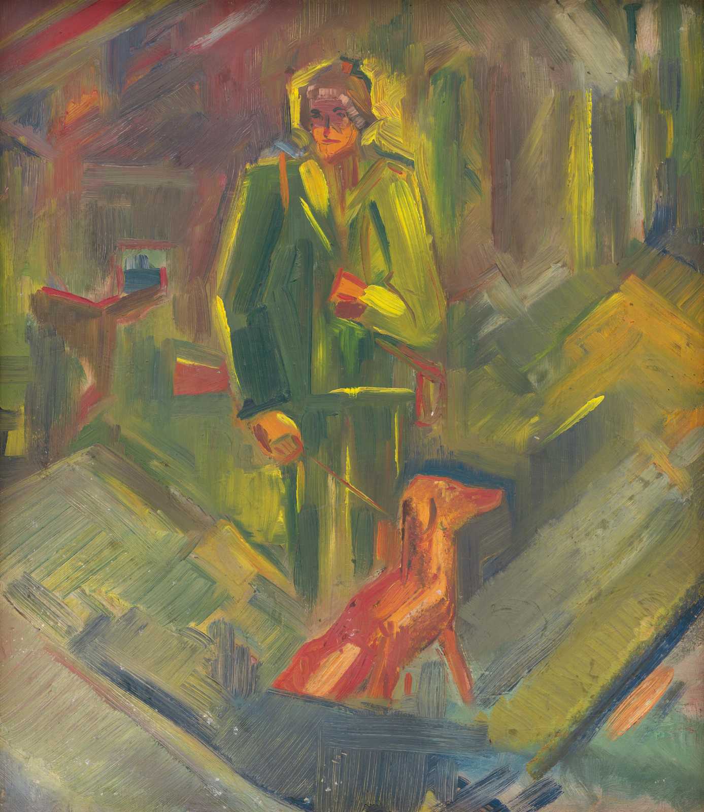 Abstract Dog Walker Green Coat Wall Art