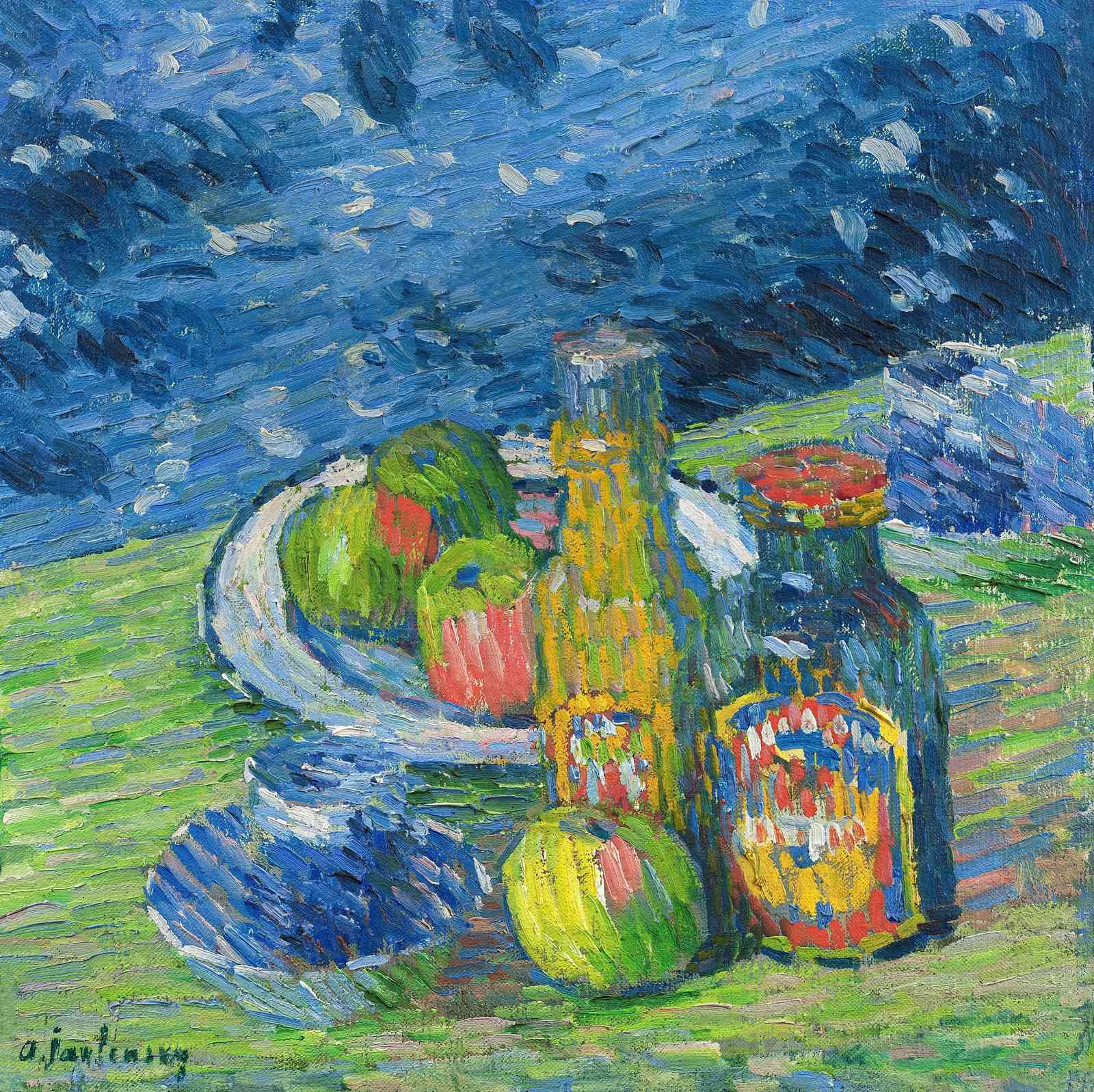 Vibrant Still Life with Fruit and Bottles Wall Art